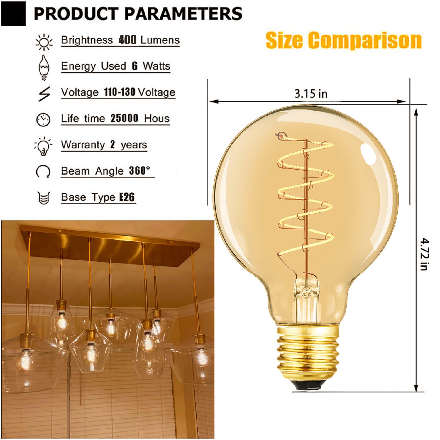 Leools Vintage Led Spiral Filament Bulb G25/G80 Dimmable Flick-Free 6W Cri95 Led Edison Globe Light Bulb E26 Base,Amber Glass,Wa