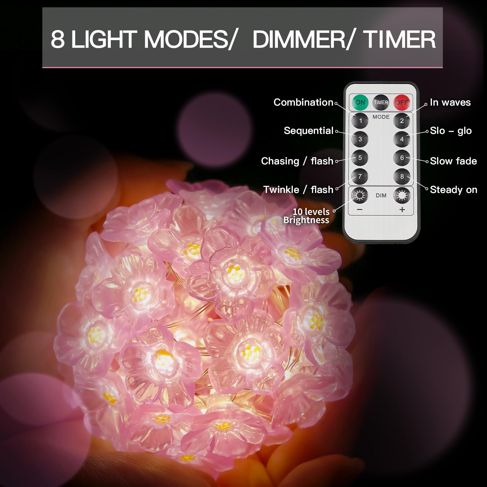 suddus Cherry Blossom Lights - 12.8 ft 40 LED Battery Operated Fairy Lights, Pink Decorative Lights for Bedroom & Holiday Decor