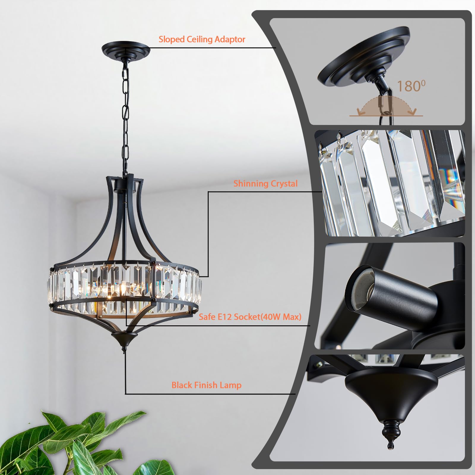 Majhoiw 4-Light Crystal Chandelier - Rustic Metal Shade, Round Design for Dining Room, Hallway, Foyer - 15.7" Black