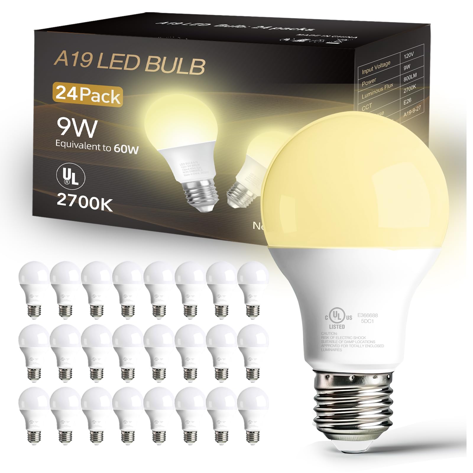 dalattin 24 Pack LED Light Bulbs Soft White 2700K, 60 Watt Equivalent A19 Standard Bulbs, E26 Base, 800 LM, Efficient 9W Energy Saving, Non-Dimmable, 80+ CRI,120V, UL Listed, for Living Room, Office