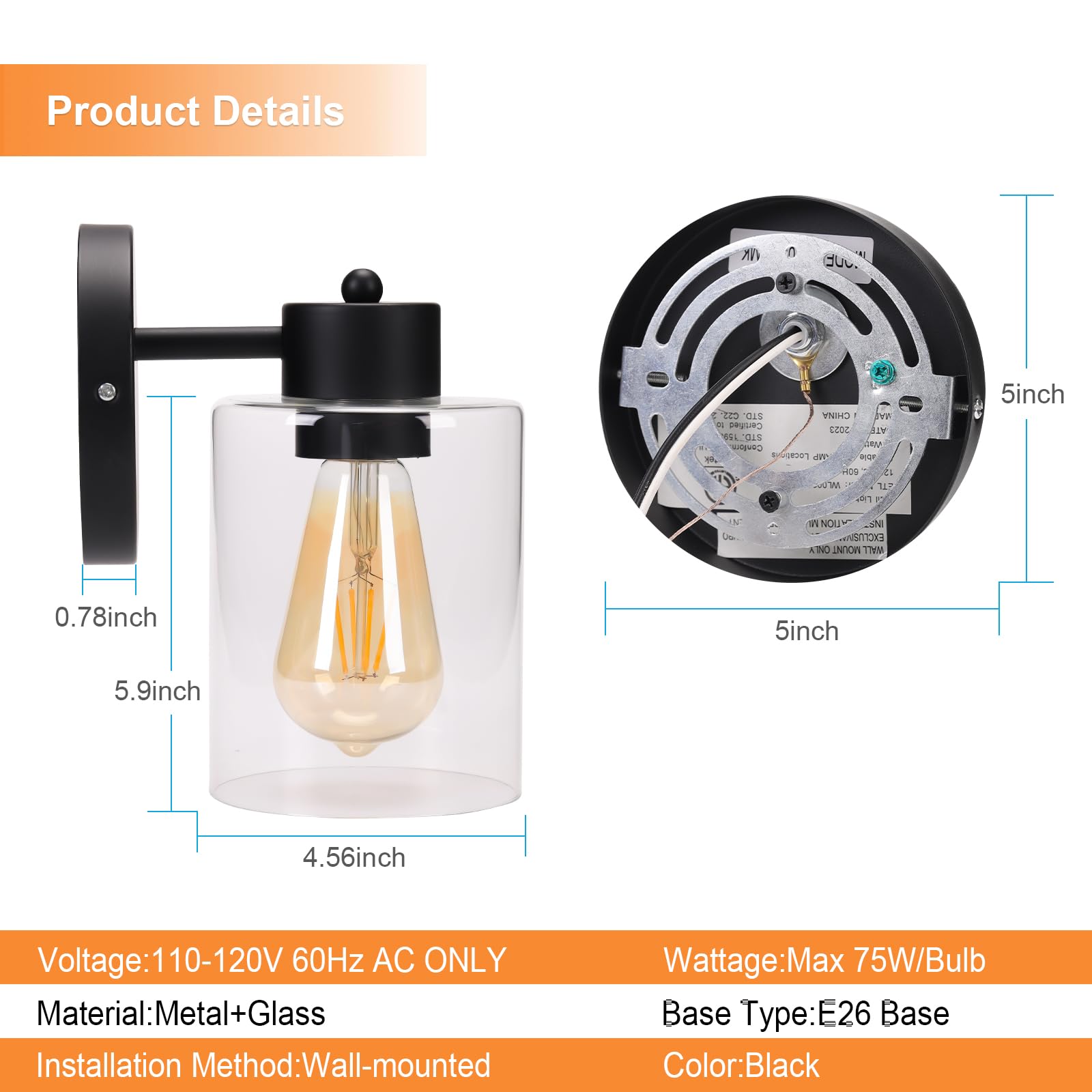 Kalium Wall Sconce, Matte Black Indoor Light Fixture, Clear Glass Shade, Hardwired, E26 Base, 1PC, Model WL009B-MK