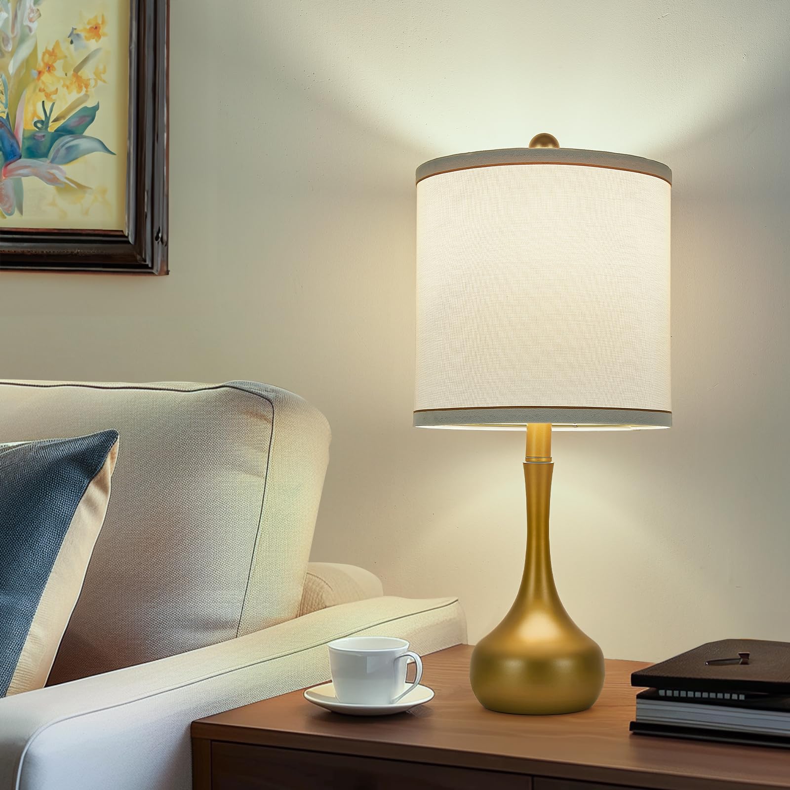 Helijia 23'' Farmhouse Table Lamp Set Of 2, Golden Metal Modern Bedside Lamps For Living Room, 3 Color Temperature Rustic Table