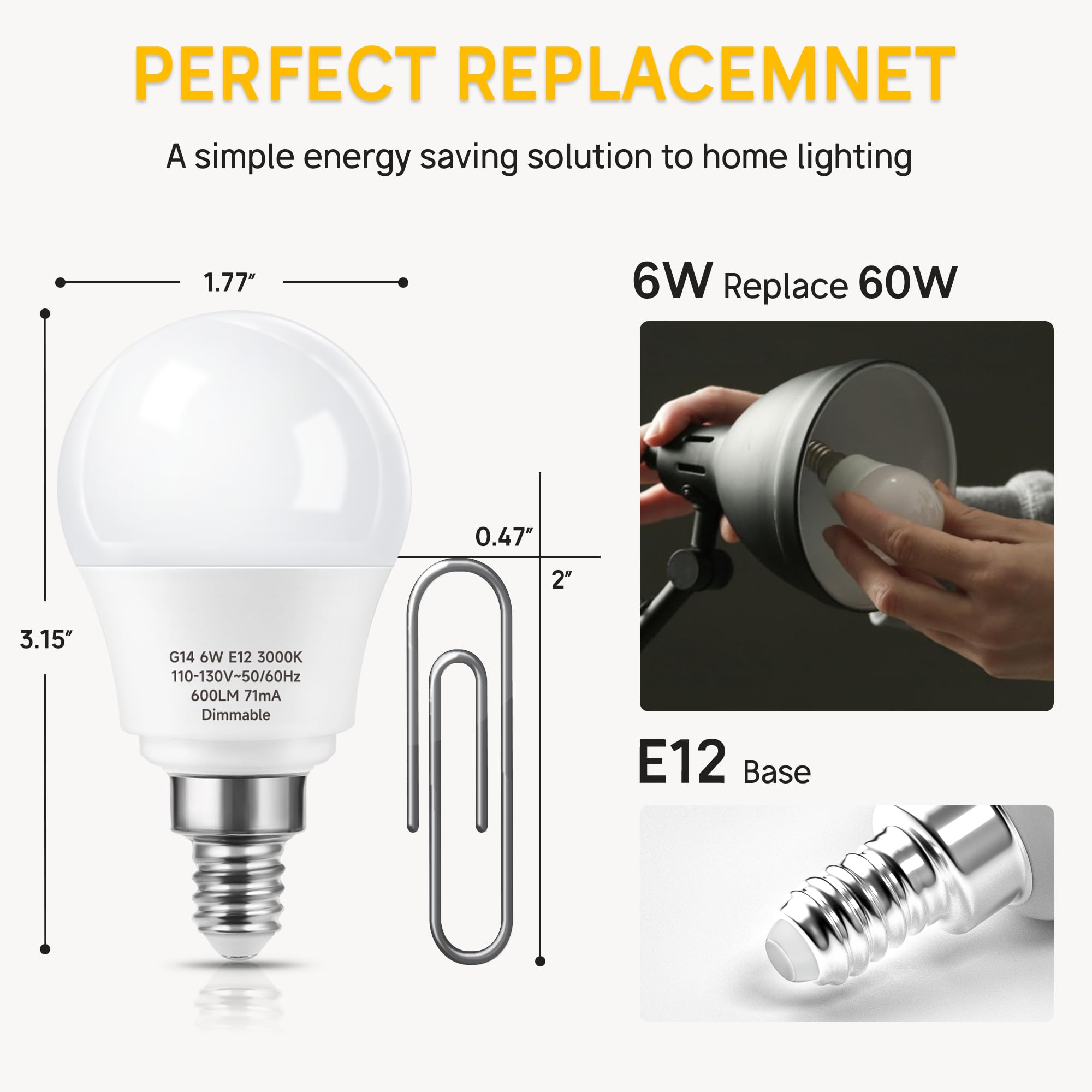 Prosperbiz E12 Ceiling Fan Light Bulbs Dimmable, 60W Equivalent Led Bulb, Warm White 3000K, E12 Small Base Candelabra A15 Led Ro