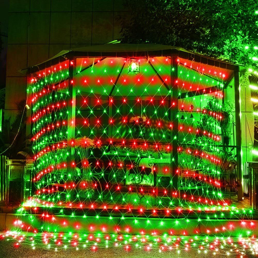 198 Led Christmas Net Lights Plug In  9.8 Ft X 6.6 Ft Red Green Waterproof Net Lights Outdoor  8 Twinkle Modes Mesh Fairy Light For Xmas Tree Bush Garden Ceiling Holiday Decoration