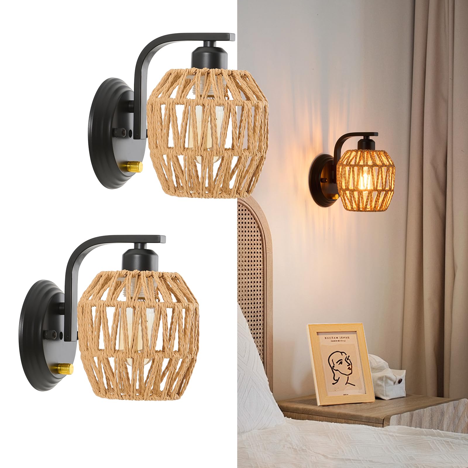 Zswanbei Boho Rattan Wall Sconces Set of Two On/Off Dimmable Switch Bedside Wall Lamp Hardwired Hand-Woven Farmhouse Wall Sconce