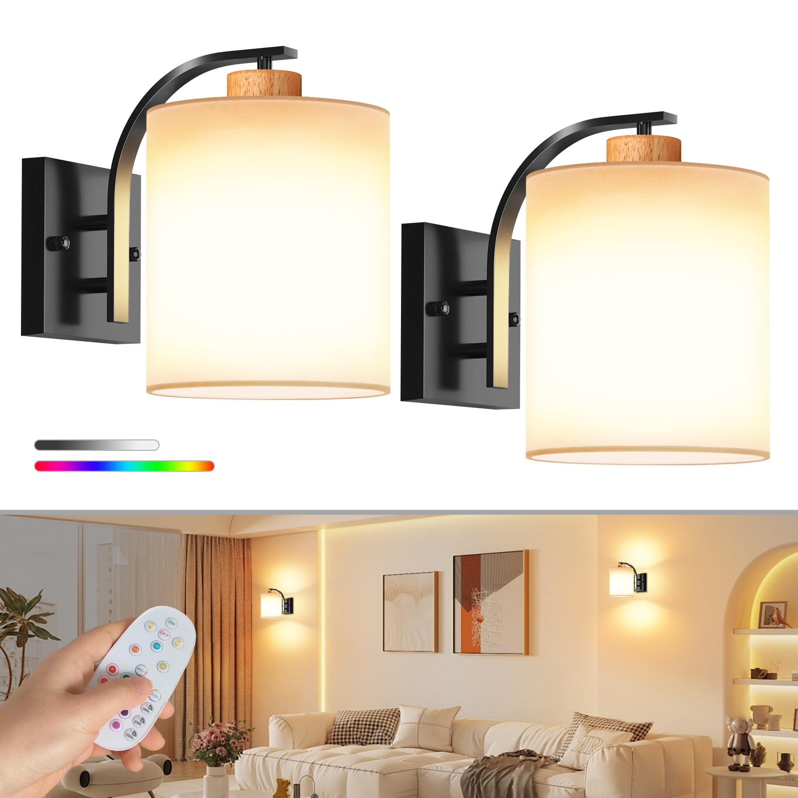 Aiilsmp Battery Operated Wall Sconces Set of Two,Black Rechargeable Wireless Wall Sconce with Remote,Dimmable 12 Colors Modes Le