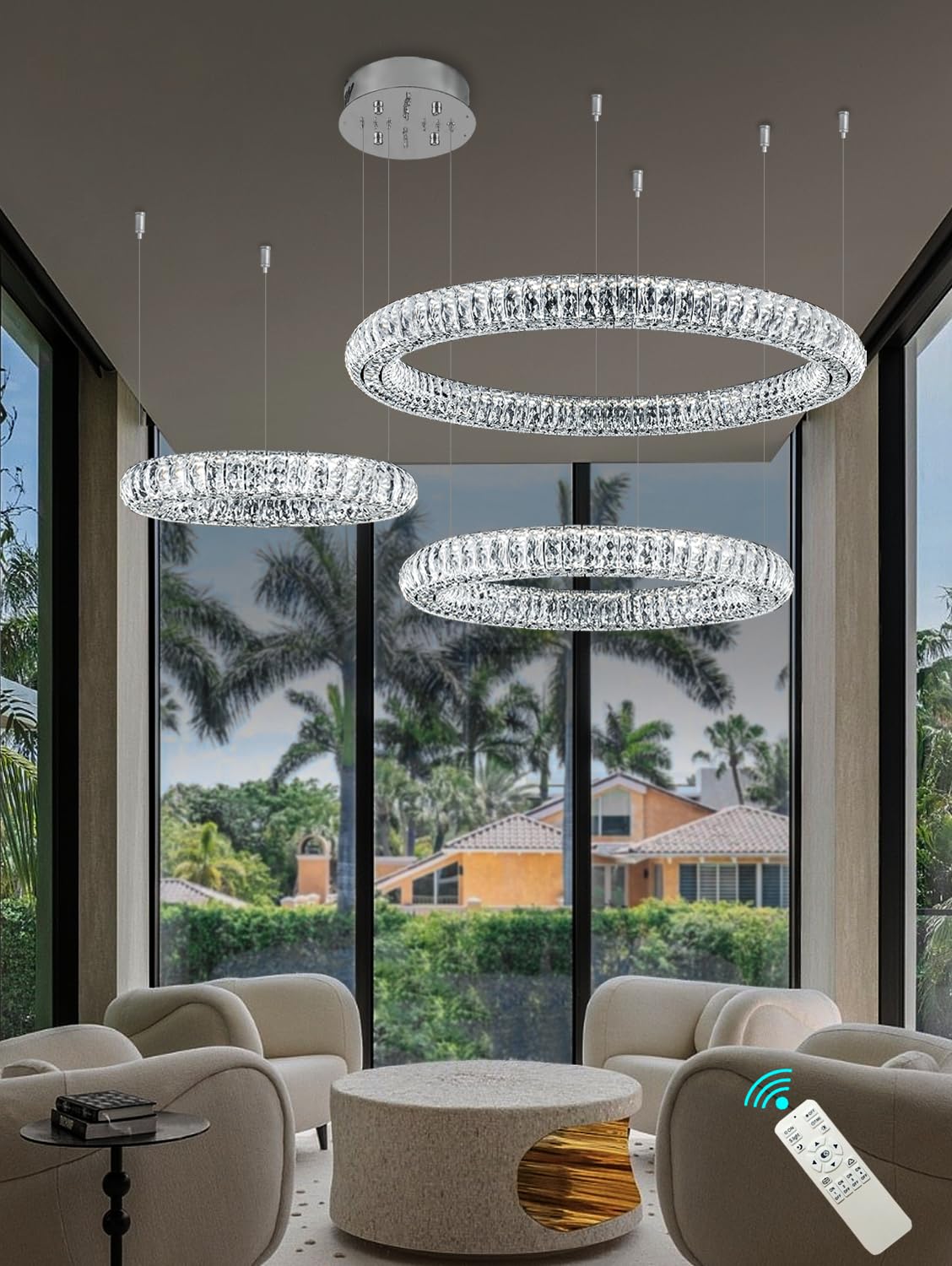 Idequy Modern Crystal Chandelier Dimmable Led 39.4'' Ring Pendant Light Adjustable Black Round Crystal Chandelier Light Fixtures