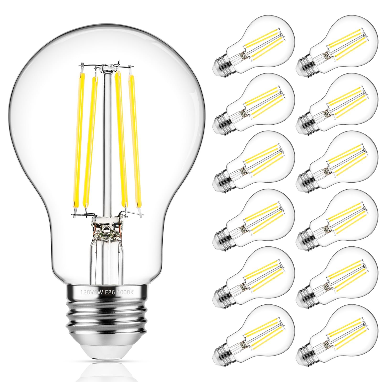 MAXvolador 60W Equivalent E26 LED Filament Light Bulbs, 850LM Daylight White 5000K LED Edison Bulb, Non-Dimmable 6W A19 LED Bulb Medium Base, 12-Pack
