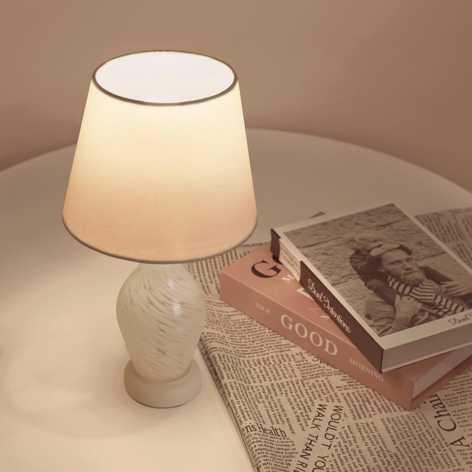 ONEWISH Modern Table Lamp, 14in White, Fabric, Includes 3000K Bulb, Small Bedside Nightstand Lamp, Model 13TAB079