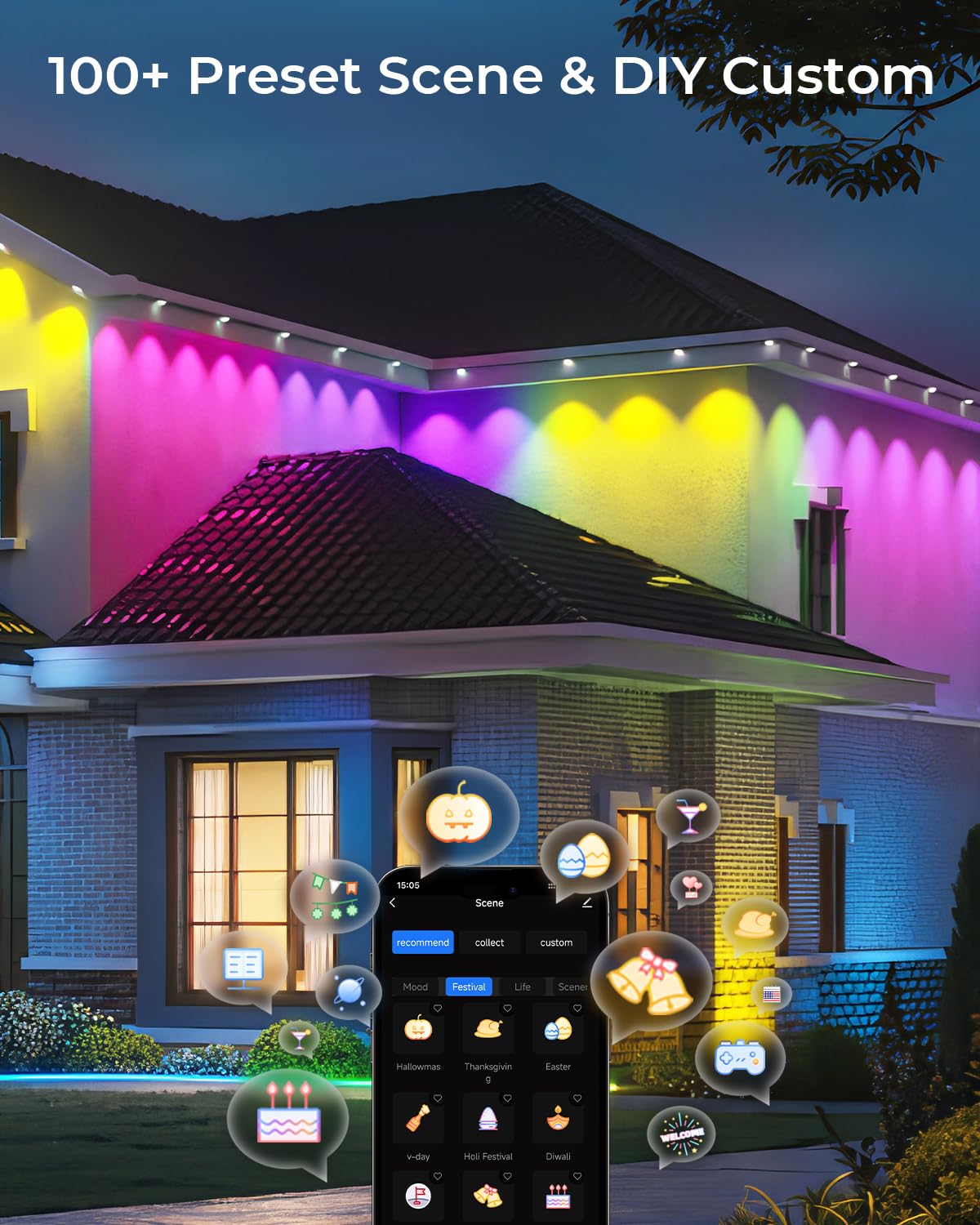 CINOTON 200ft Permanent Outdoor Smart RGBCW Lights, IP67 Waterproof, 120 LEDs, 111 Modes, Model C5107-A