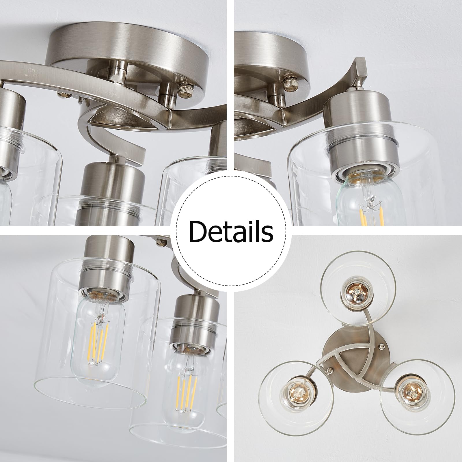 Eatich Semi Flush Mount Ceiling Light, 3 Light Ceiling Light Fixture, Brushed Nickel Kitchen Light Fixtures With Clear Glass Shades, Modern Hallway Light Fixtures Ceiling Mount For Foyer Entryway
