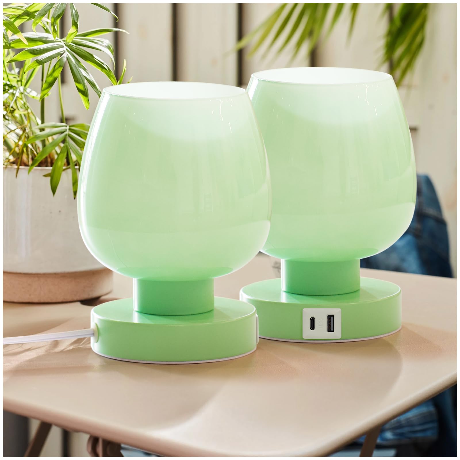 ONEWISH Touch Bedside Table Lamp with USB Charging - 3 Way Dimmable Small Glass Lamp for Bedroom, 2700K LED Bulb Included, Green, 2 Packs