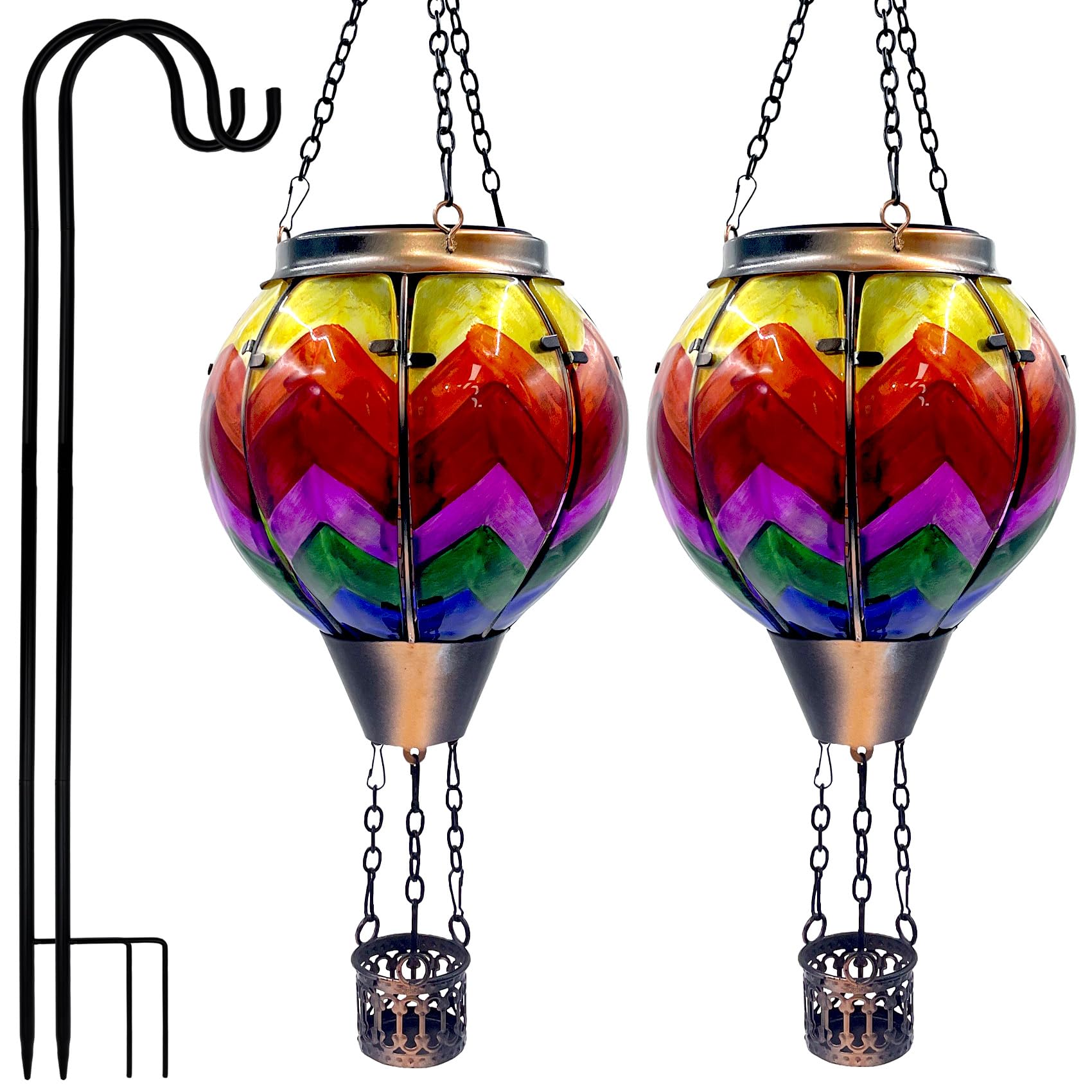 Twirleternity 2Pcs Hot Air Balloon Solar Lantern (Metal Shepherds Hook) (Flickering Flame) (Efficient Solar Panel Power) Hanging Lanterns Outdoor Waterproof Thanksgiving Gifts Colorful Wave