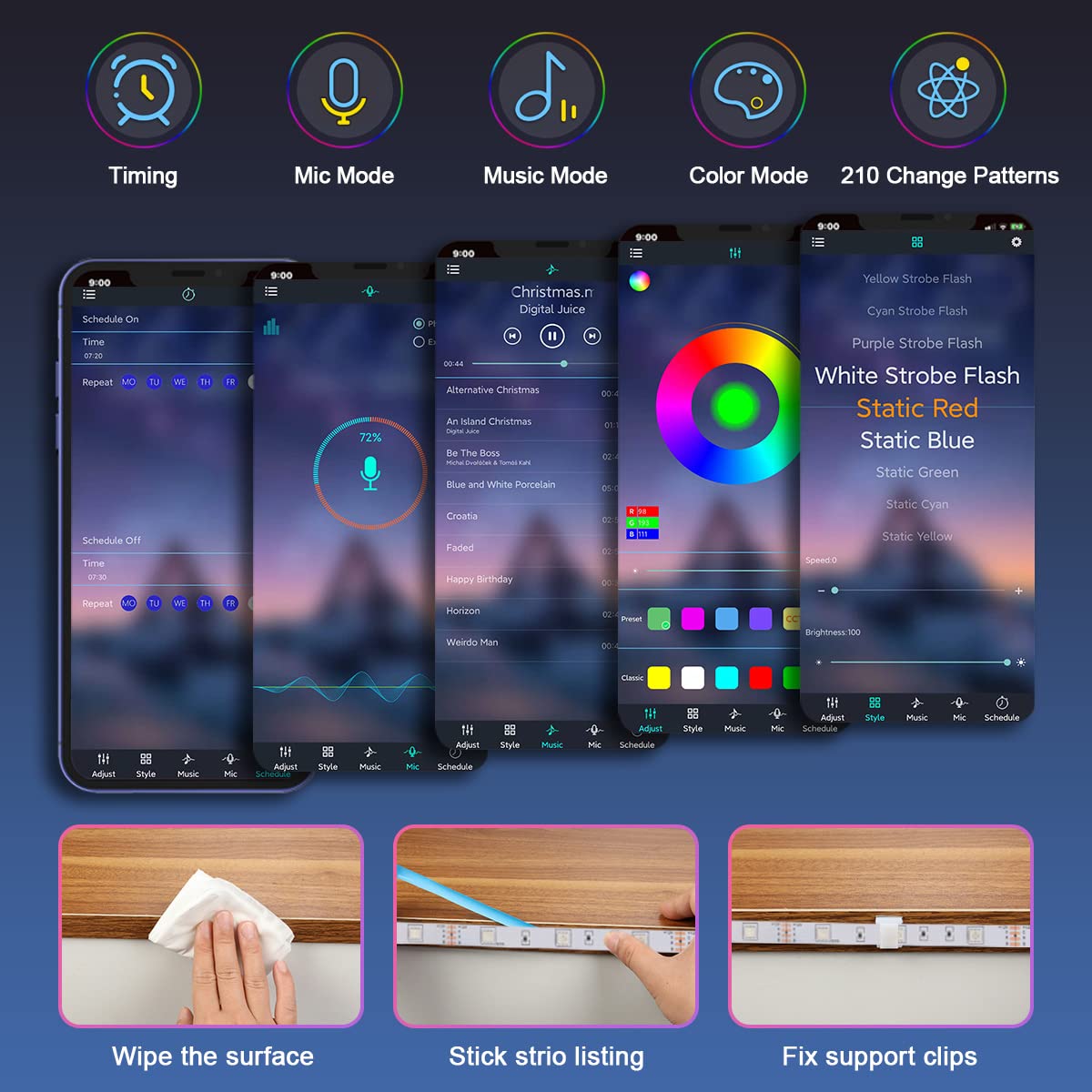 Sixdefly 6 Pcs Rgb Under Cabinet Lighting Kit  App And Remote Control Led Strip Lights  Music Sync Color Changing Led Lights With Etl Listed Power Adapter  For Cabinet  Counter  Shelf  Bookcase  9.8Ft