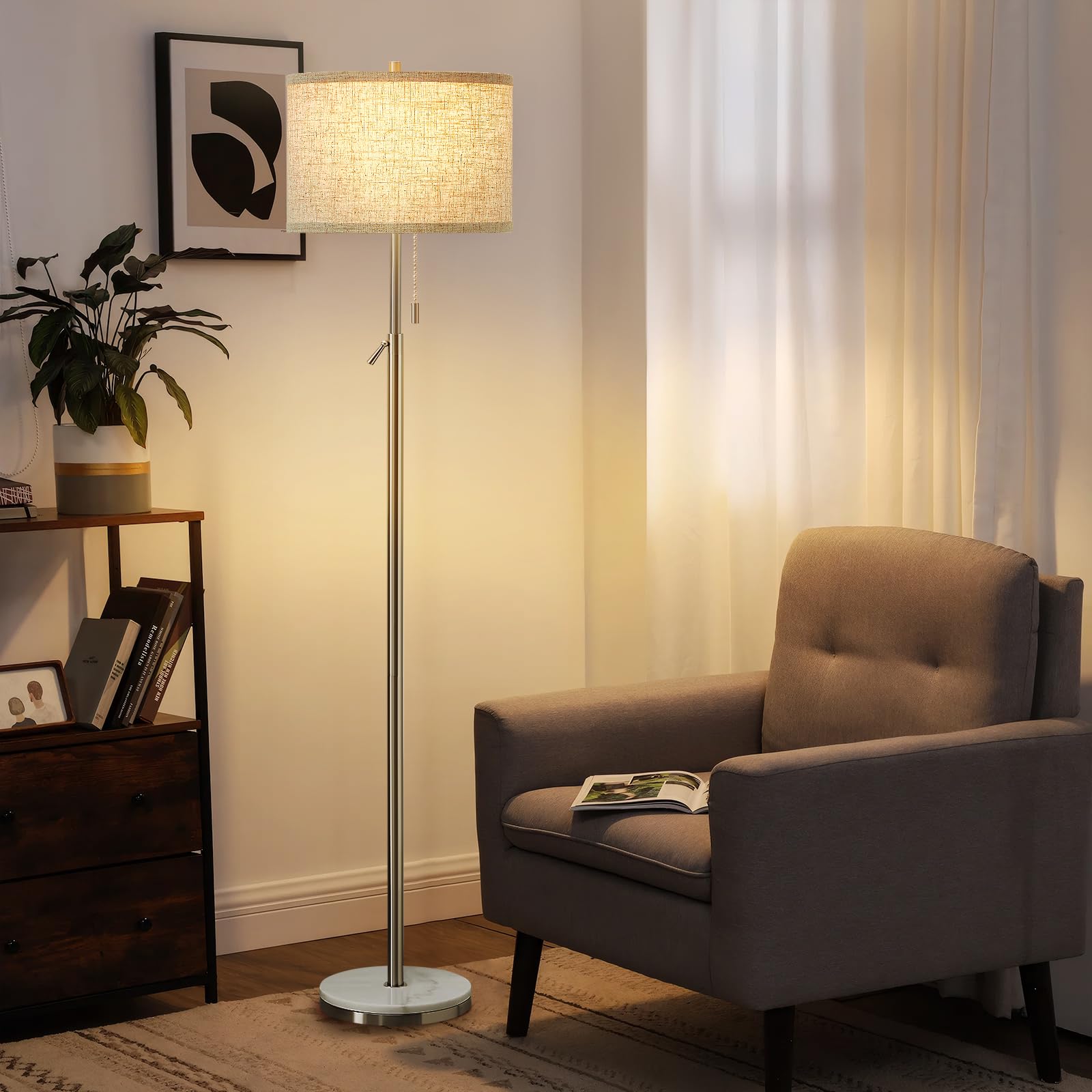GyroVu Marble Floor Lamp, Adjustable Height, Silver, Pull Chain Switch, Tall Standing Lamp for Living Room, Bedroom & Office