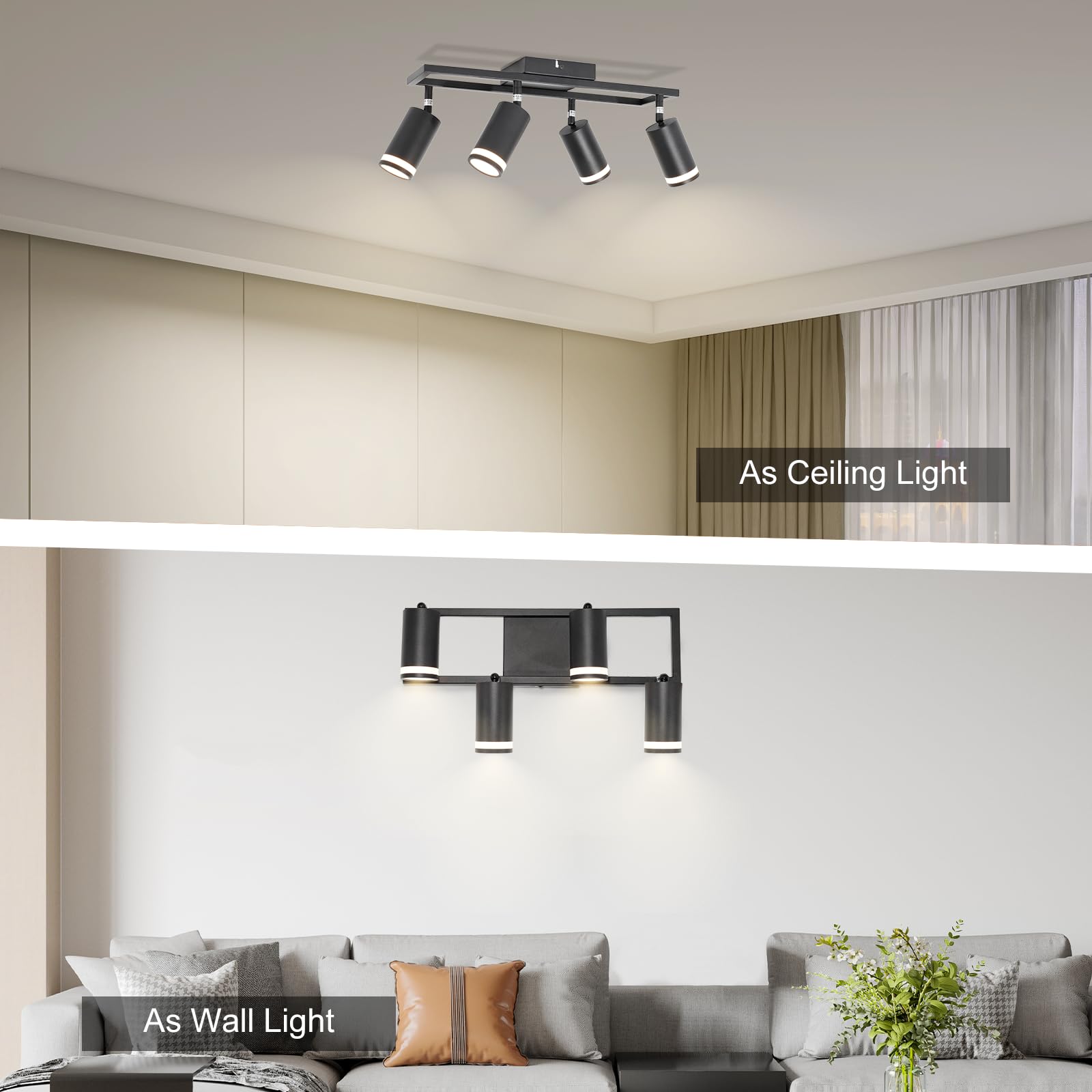 Ketom 4-Light Track Lighting Fixtures Ceiling, Gu10 Black Led Ceiling Spotlight, Modern Track Light Kit For Kitchen Hallway Bedroom Living Room