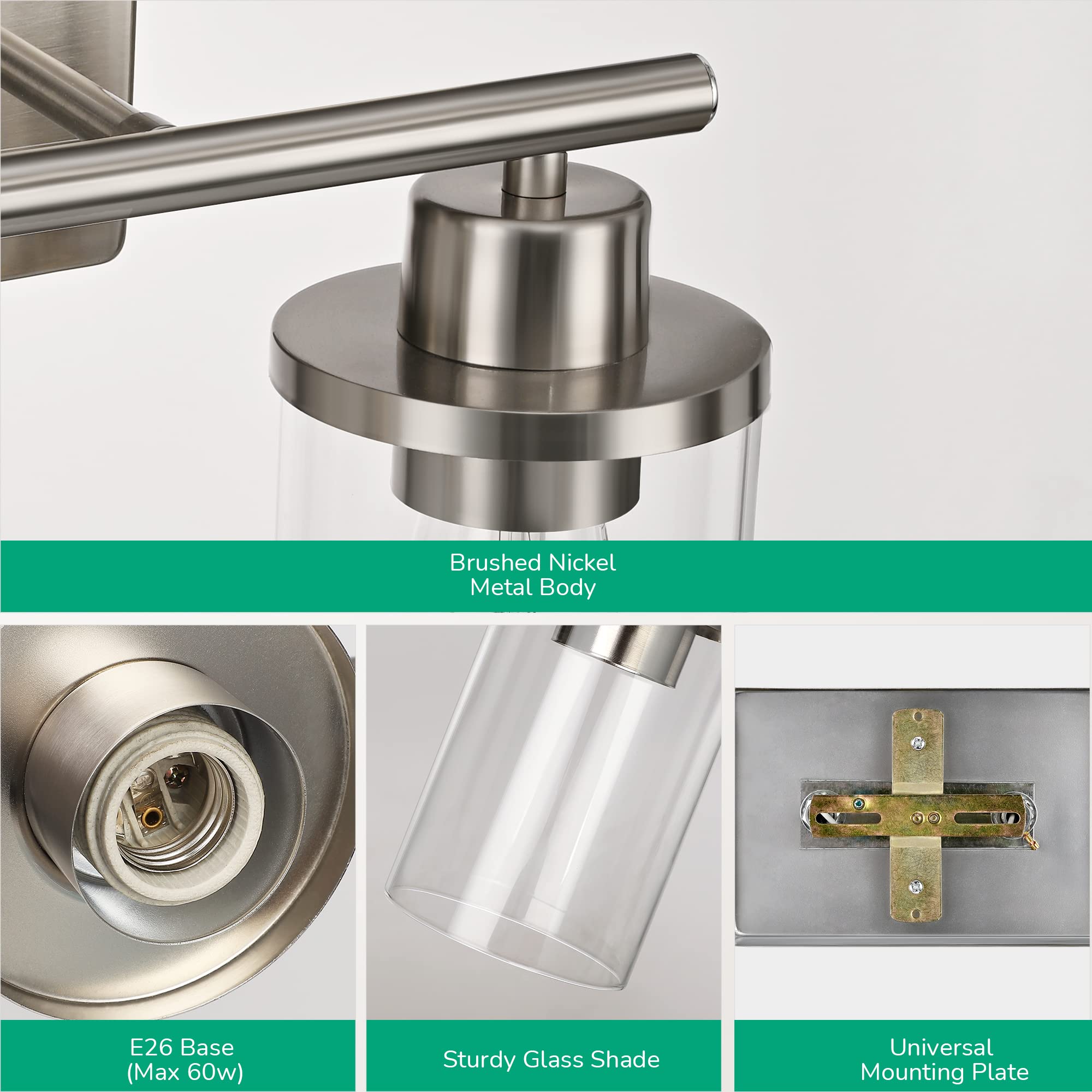 EDISHINE 2 Light Bathroom Vanity Light Fixtures, Brushed Nickel, Modern Wall Sconces, Glass, ETL Listed