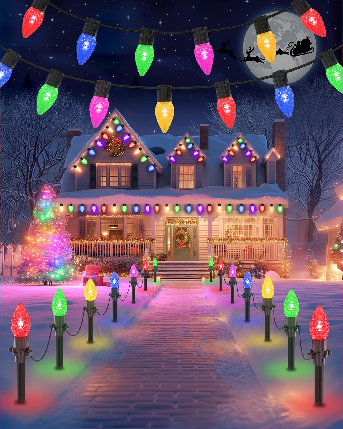 Freecube 50Ft C9 Led Solar Christmas Pathway Lights Outdoor  25 Multicolor Bulbs With 8 Modes & Timer  Waterproof Solar Christmas Stake Lights For Yard Lawn Sidewalk Driveway Outdoor Decorations
