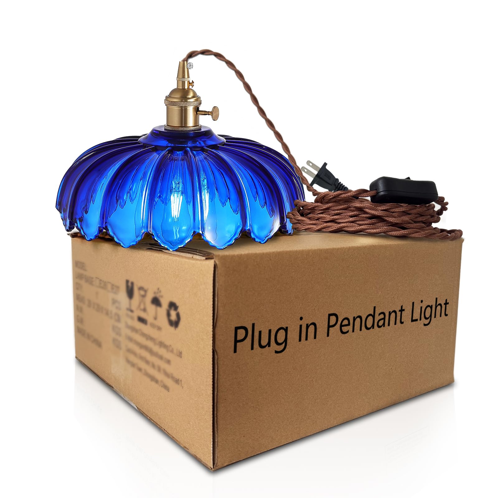 Xzhgcee Plug In Pendant Light: Hanging Light Plug In Fixture Bule Glass Hanging Lamp  Pendant Lighting For Kitchen Island  Bedroom  Dining Room  Living Room  E26 No Bulb