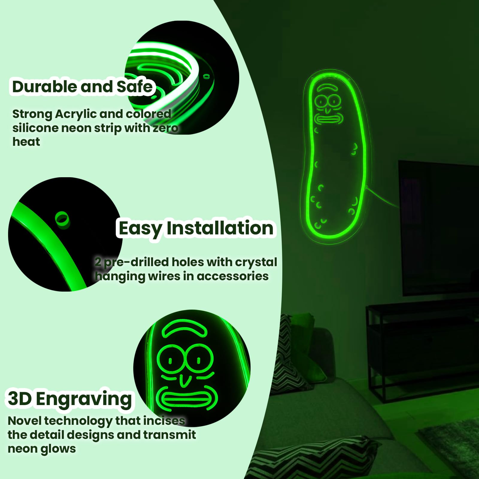 Oneneno Cartoon Pickle LED Neon Sign - Medium Green R Acrylic Wall Decor, Dimmable Anime Light for Man Cave & Game Room