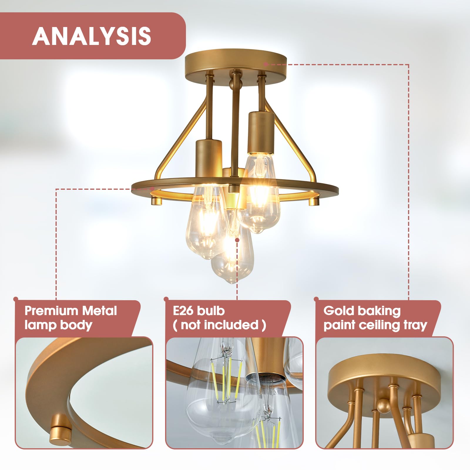 Qgiytp Gold 3-Light Semi Flush Mount Ceiling Light Fixture Metal Farmhouse Vintage Chandelier Circle Ceiling Lamp For Bathroom Kitchen Dining Room Laundry Room Foyer Closet Stairwell