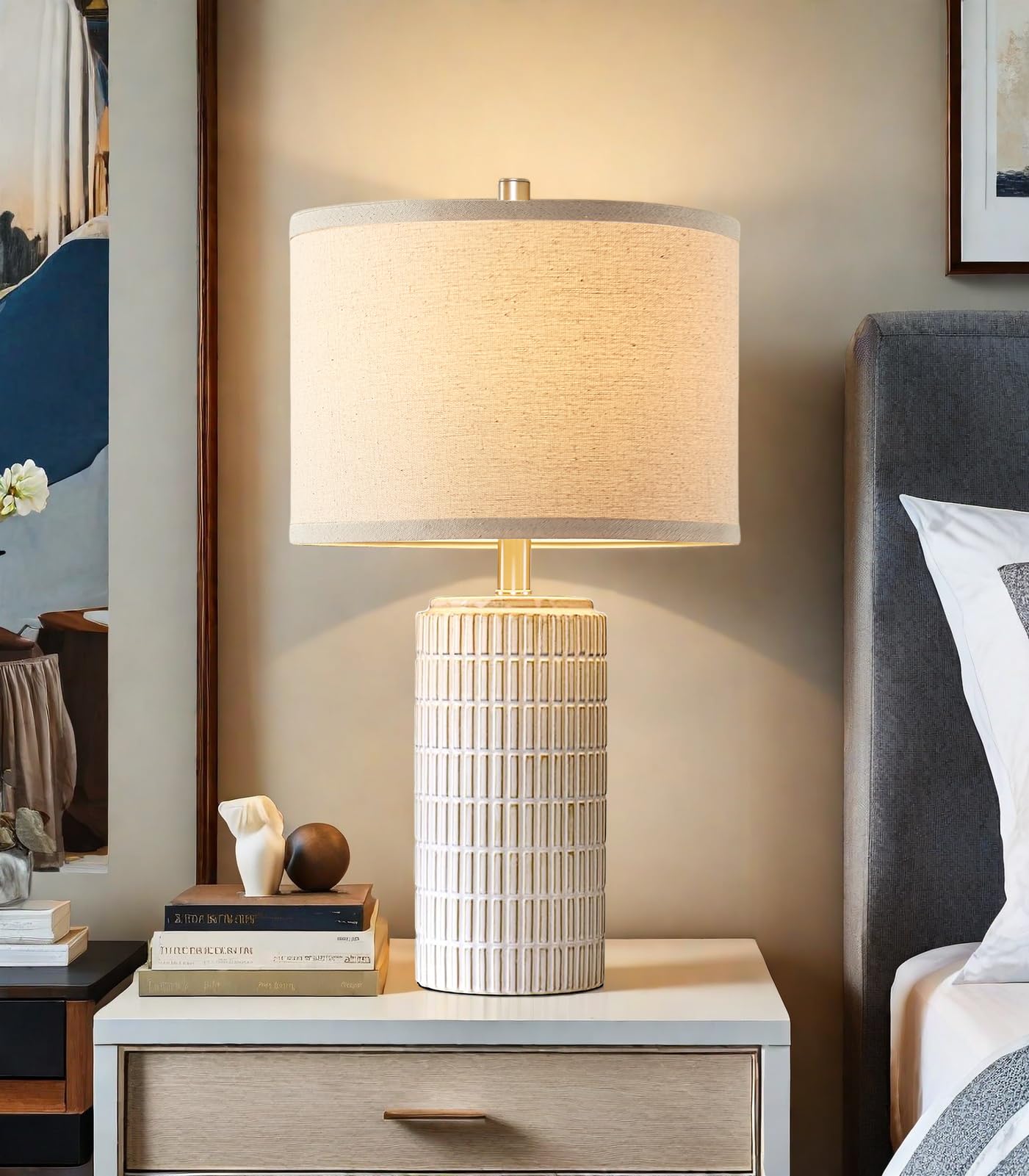 Aieampdo 23'' Set Of 2 Modern Ceramic Table Lamps For Living Room Bedroom, Nightstand Farmhouse Beige White Desk Lamp For Bedsid