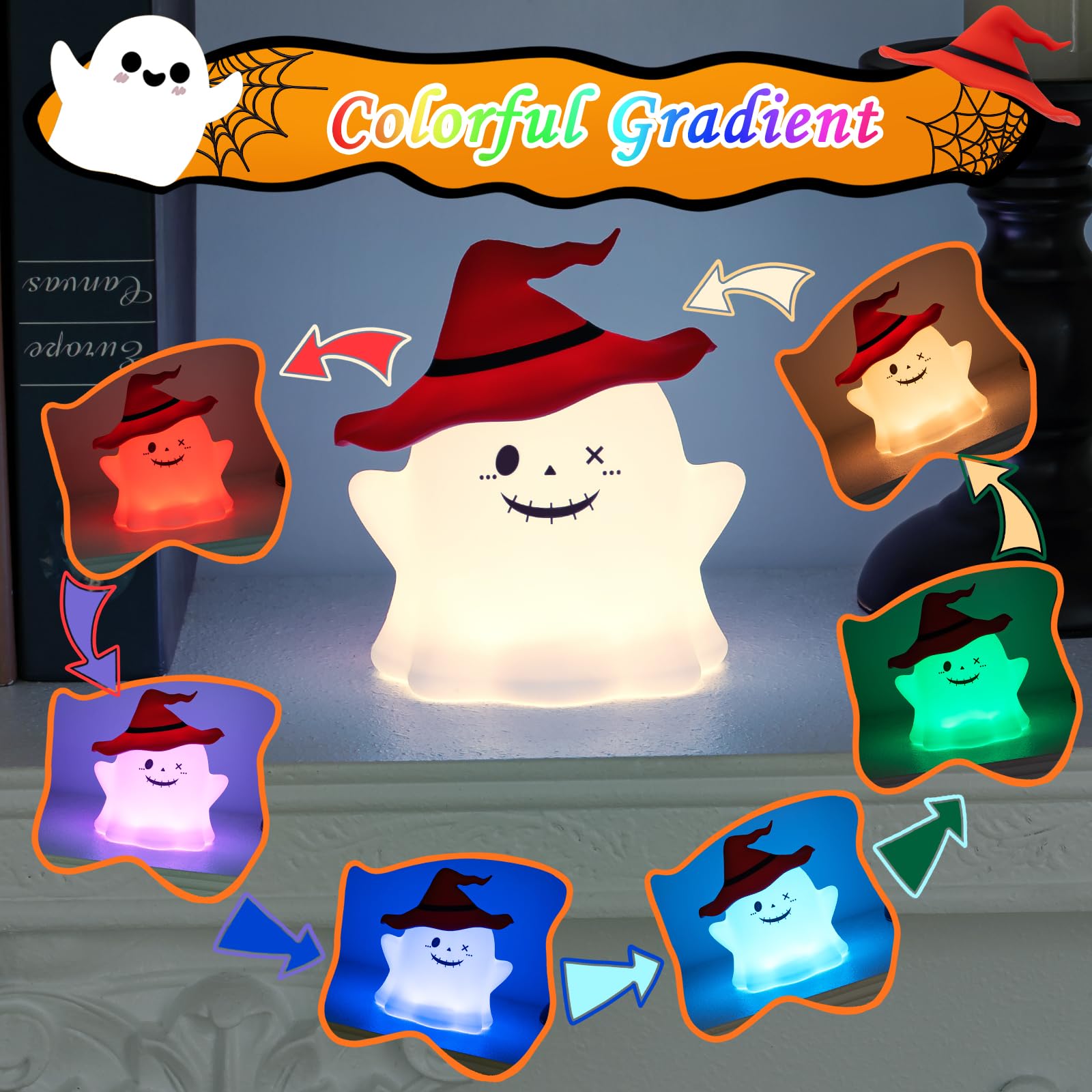 UMLAEN Cute Ghost Silicone Night Light for Kids, Rechargeable Bedside Lamp, Small Size, Red, Model HHDS080003002-R