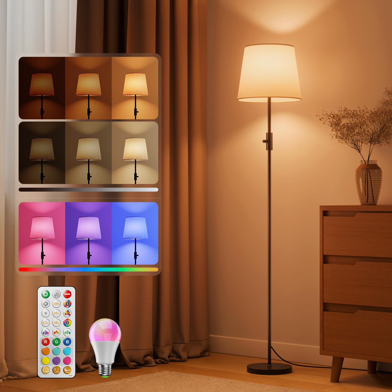 VARICART Dimmable Floor Lamp, 1200 Lumens RGBCW Color Change Bulb Included, Standing Lamp with Linen Shade, 62 Tall Lamp with Re