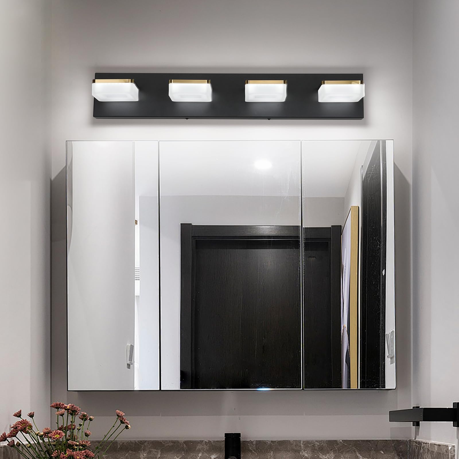 Bicrink 4-Light Dimmable Led Bathroom Vanity Fixture In Black/Gold With White Acrylic Shades  Rotatable Head  Sconce-Style Over-Mirror Lighting 5500K