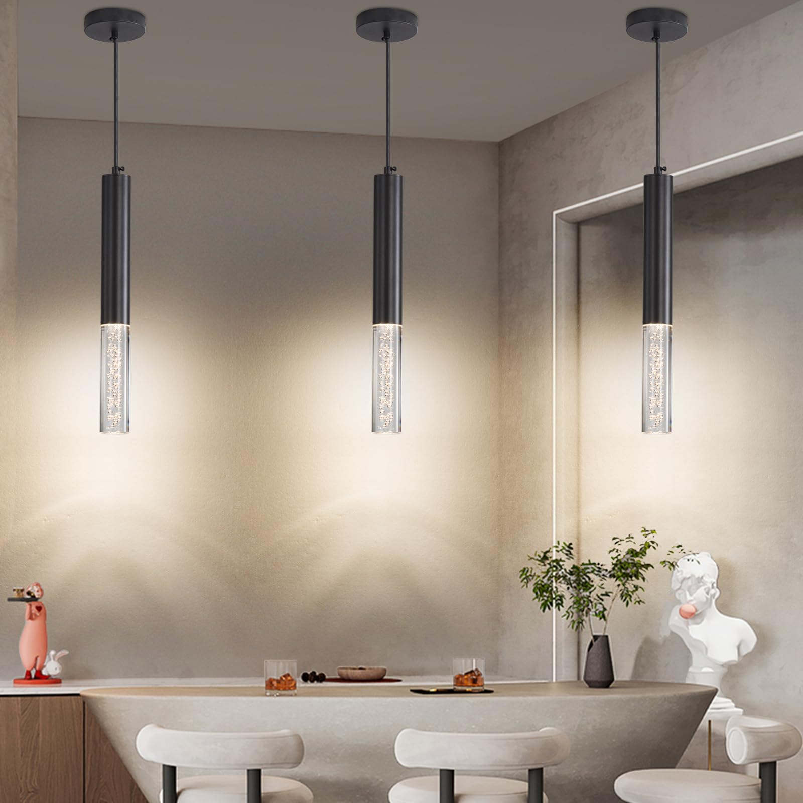 Daoseolo 3 Pack Pendant Lights Kitchen Island  Led Bubble Acrylic Island Lighting Fixtures  3 Color 3000K/4500K/6500K  Modern Cylinder Ceiling Hanging Light For Bedroom  Bar  Dining Room  Bathroom