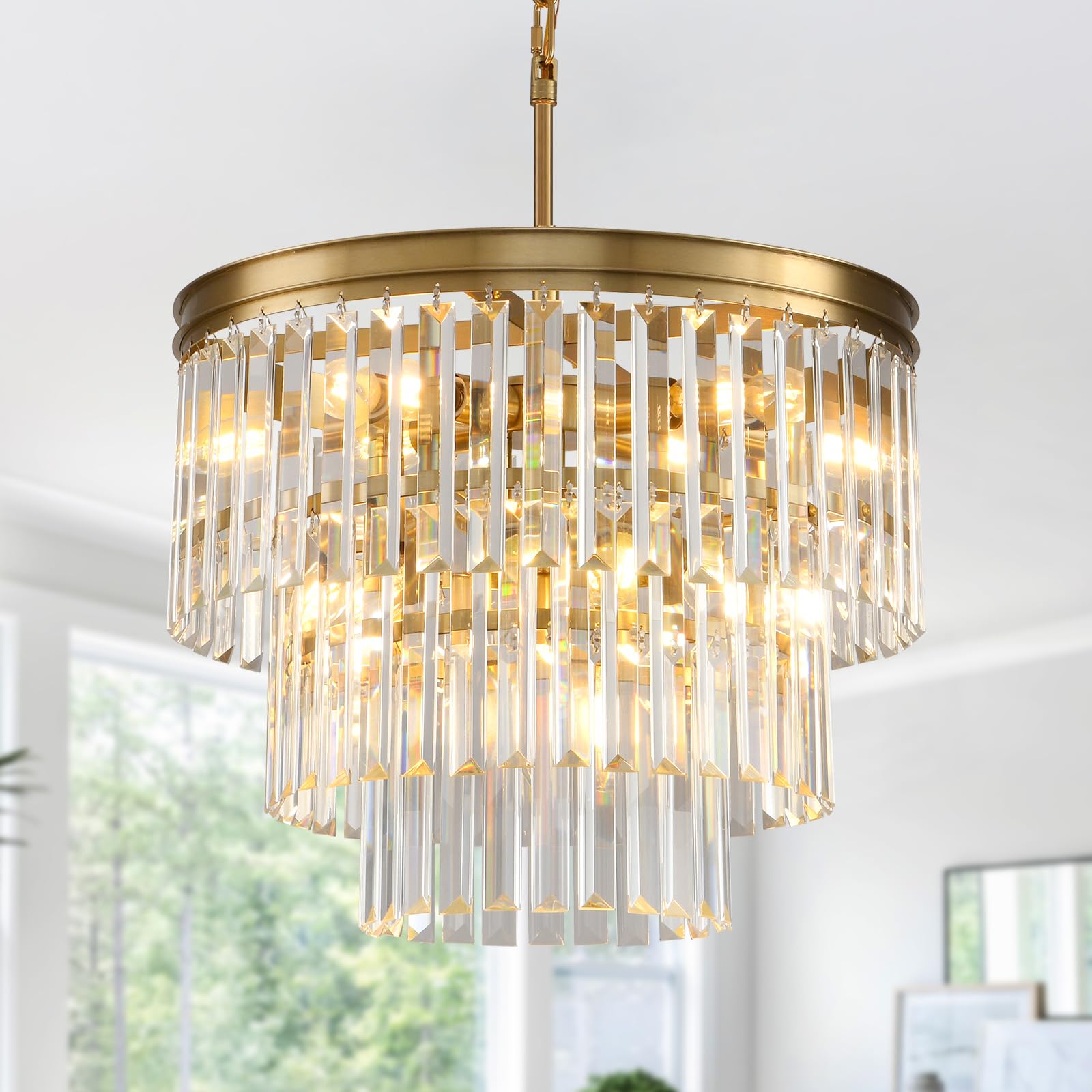 Blinghy Modern Crystal Chandelier, Gold Chandelier, Crystal Ceiling Chandelier. Suitable for Living Room, Bedroom, Long Hallway 