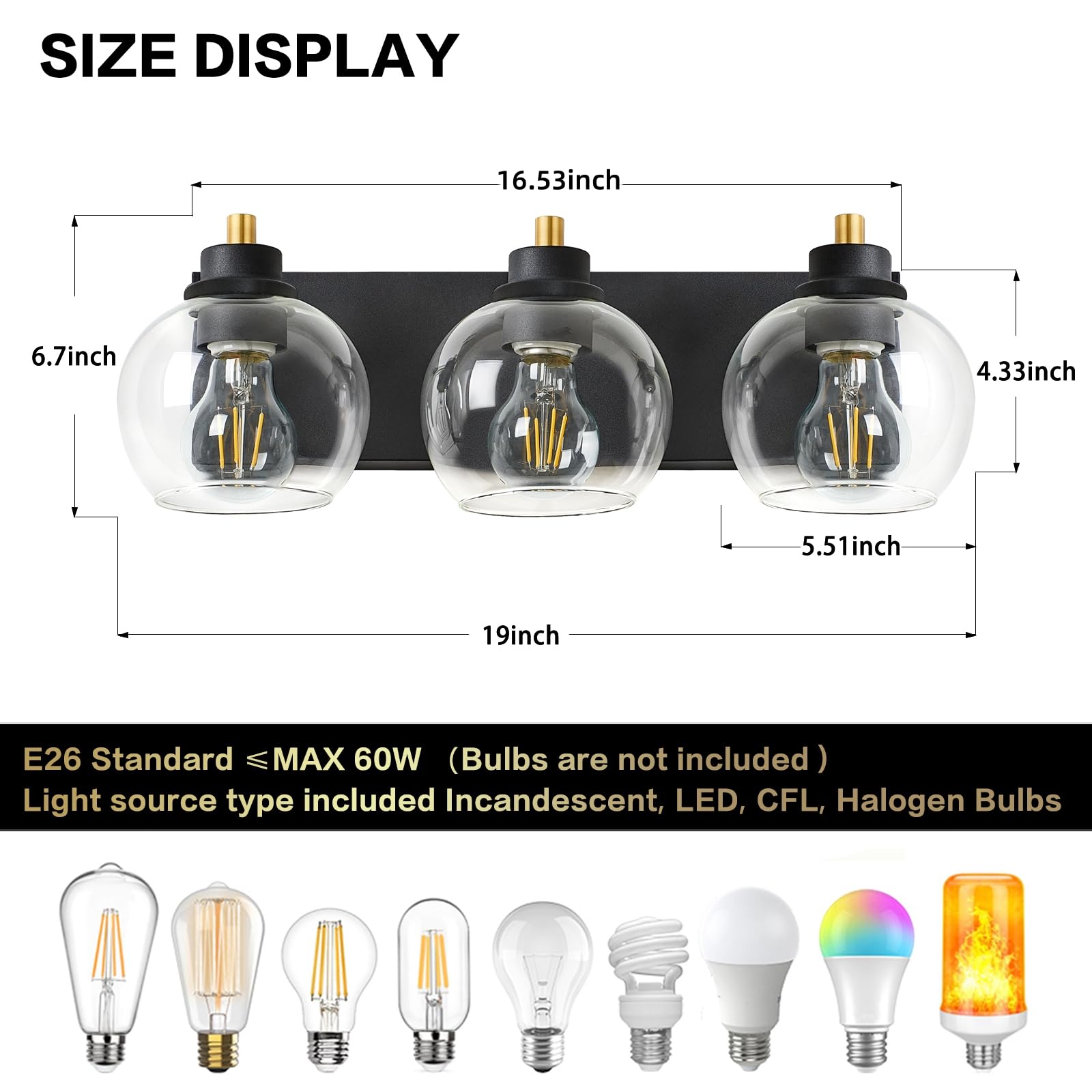 Tuscarora 3 Light Bathroom Vanity Light, Black And Gold Bathroom Light Fixtures Over Mirror, Modern Vanity Light With Clear Glass Shade, Black Wall Sconce For Bathroom, Bedroom