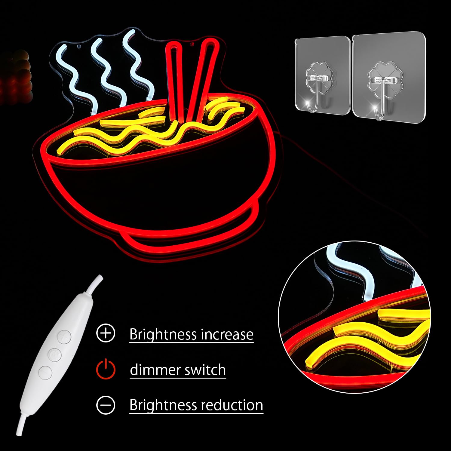 LULANMP Ramen Neon Sign - Dimmable LED Wall Light for Home Bar, Kitchen, Cafe - Red Acrylic, 16.5'' x 12.9''
