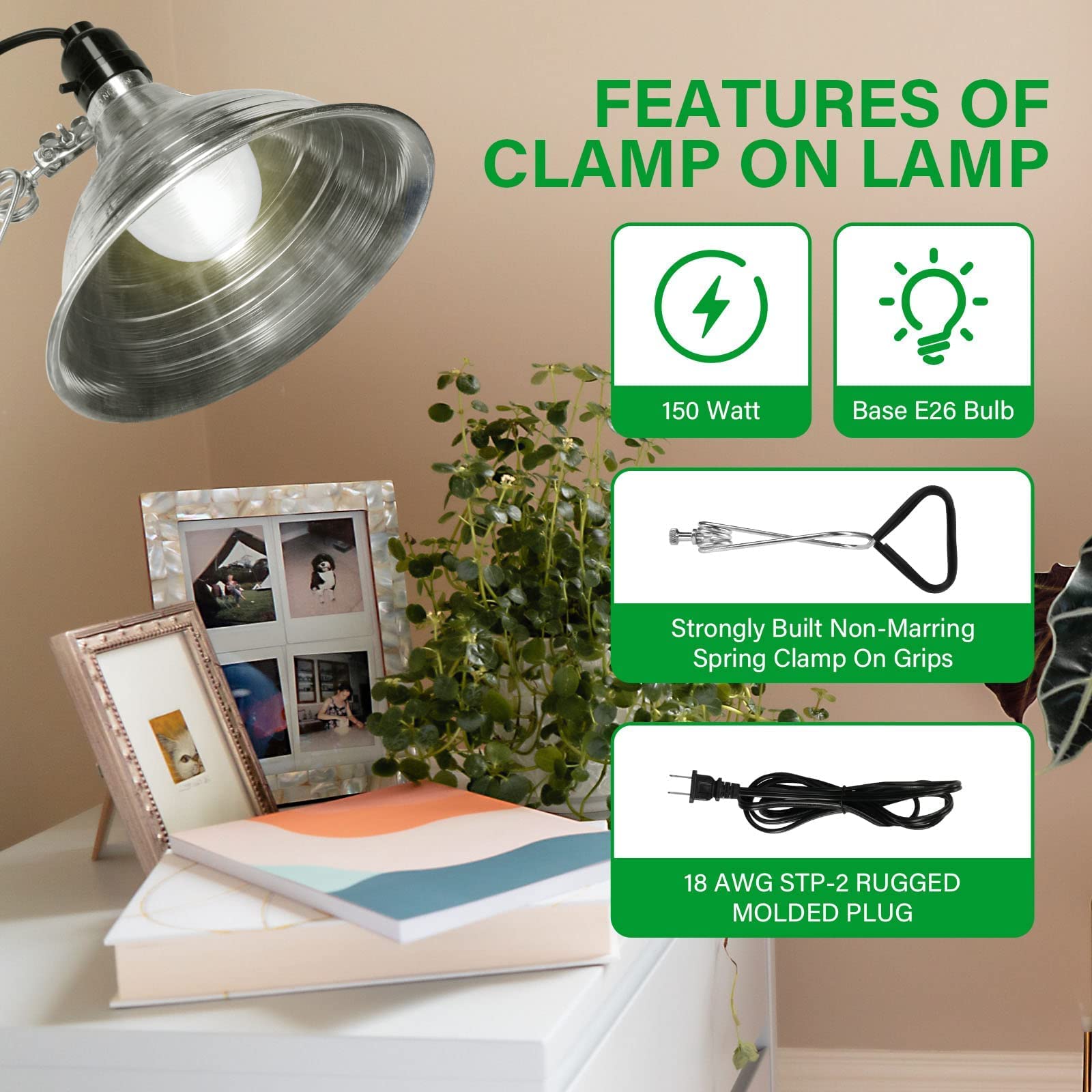 Simple Deluxe Clamp Lamp Light With 8.5 Inch Aluminum Reflector Up To 150 Watt E26 Socket (No Bulb Included) 6 Feet 18/2 Spt-2 C