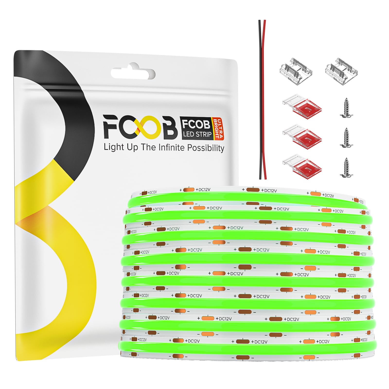 FCOB COB LED Strip Light 16.4FT 24V 480LEDs/m Green Dimmable High Density for Cabinet Indoor Decor