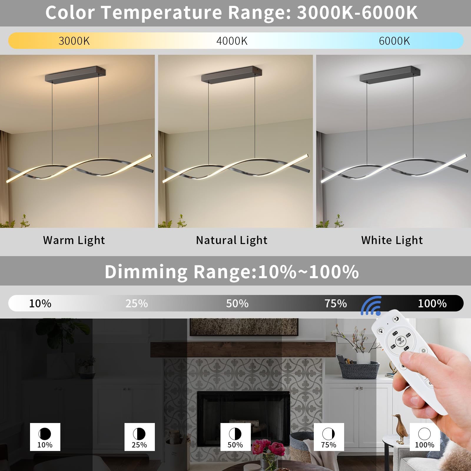 Zihoi 47in Modern Kitchen Island Pendant Light, Dimmable LED Chandelier, Black Metal, Model LX