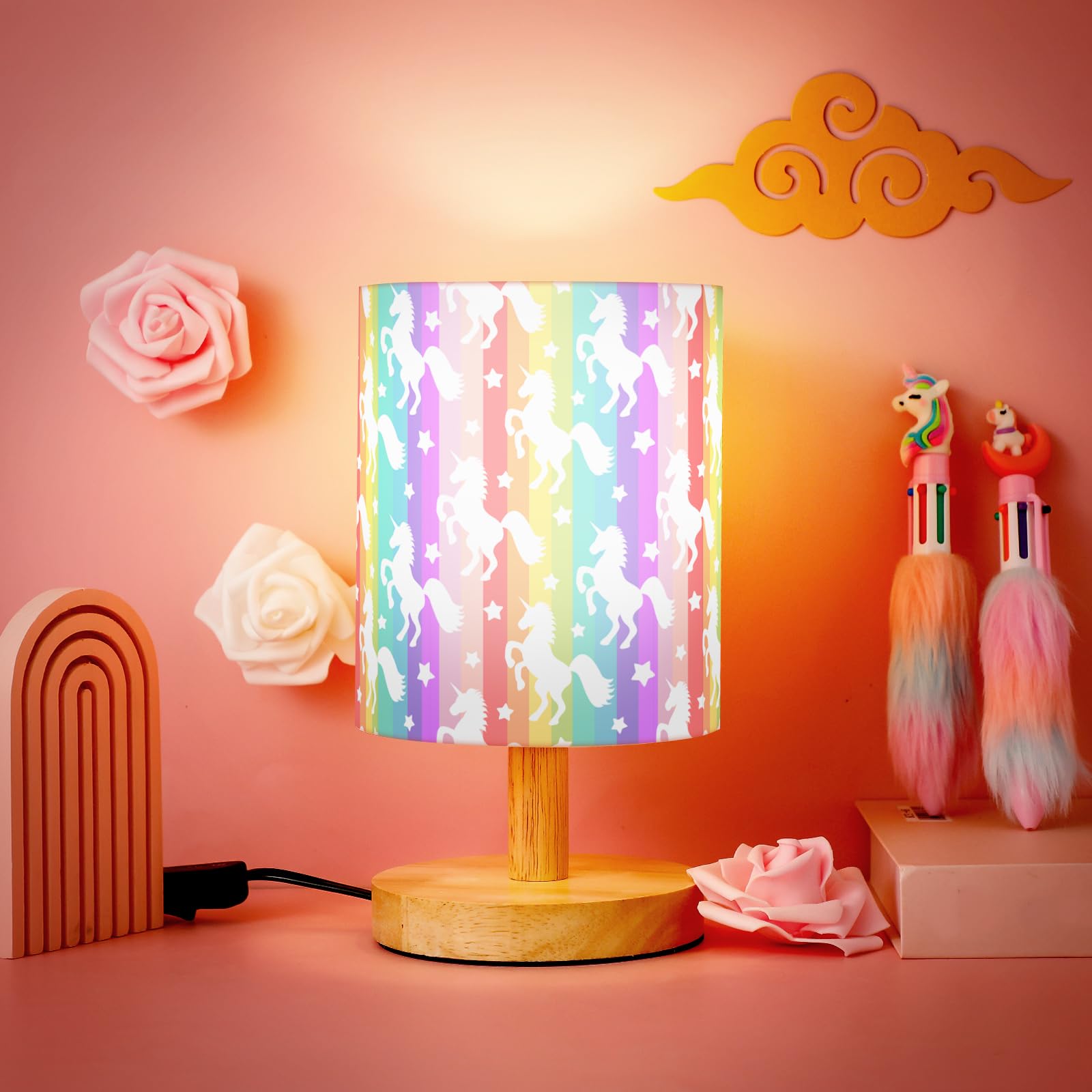 Vihose Rainbow Unicorn Table Lamp For Bedroom Kids Bedside Lamp With Linen Wooden Nightstand Lamp Cartoon Nursery Lamp Lampshade