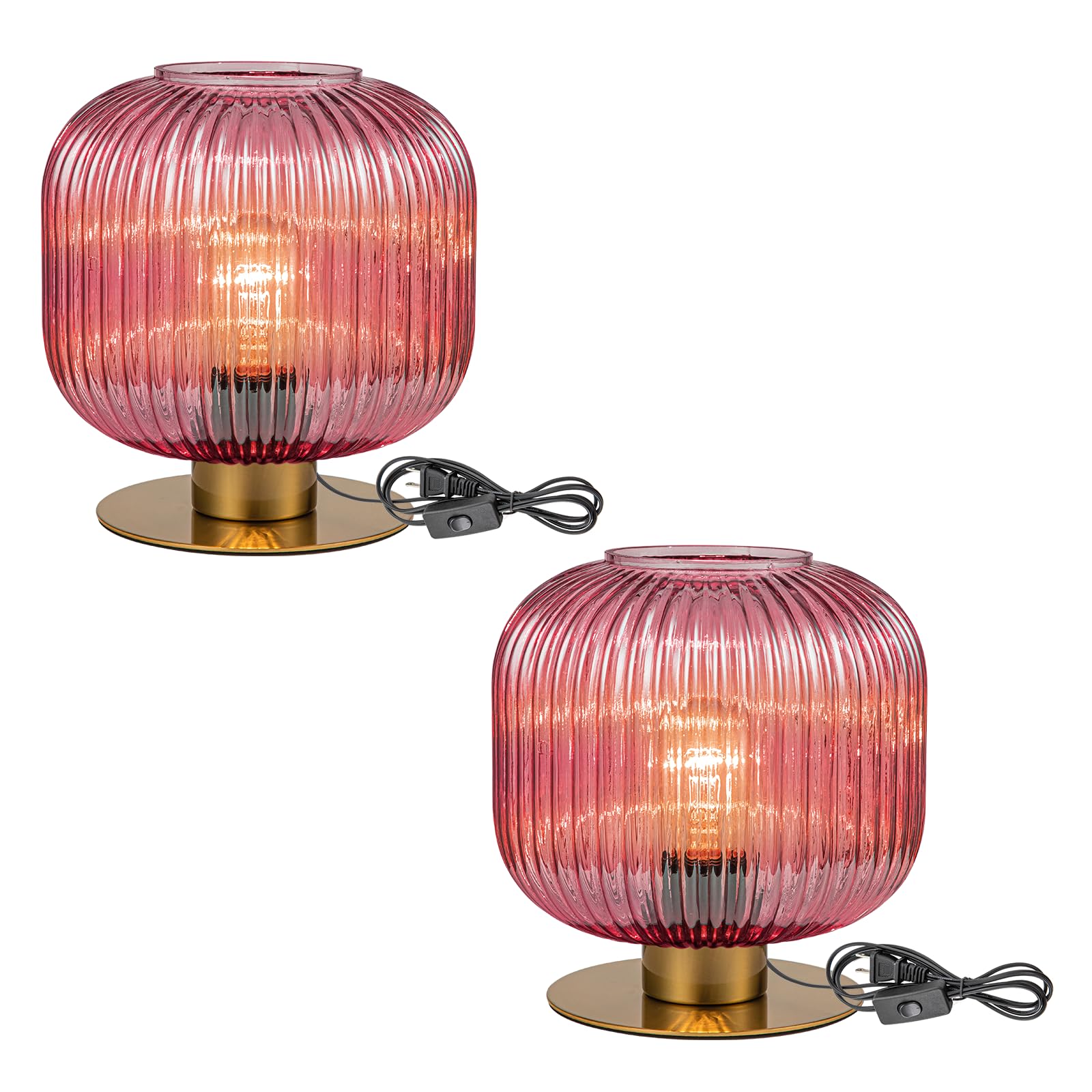 Soutas Glass Lamps Set of 2, Vintage Gold Table Lamps for Living Room End Table, Mid Century Bedside Table Lamp with Ribbed Glas