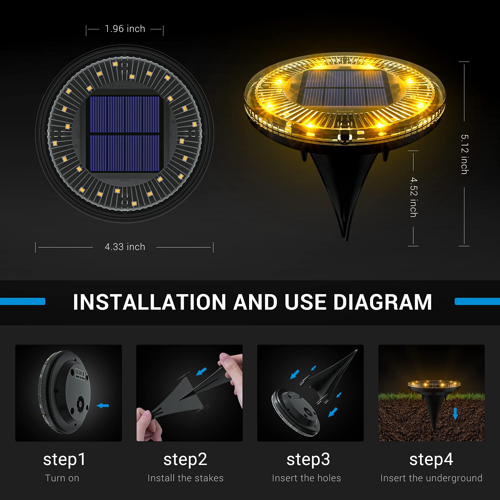 LOFTEK Solar Ground Lights, 24 LED, IP68 Waterproof, Warm White, 8 Pack, Outdoor Pathway Step Lights, Model 03-20-519-010205