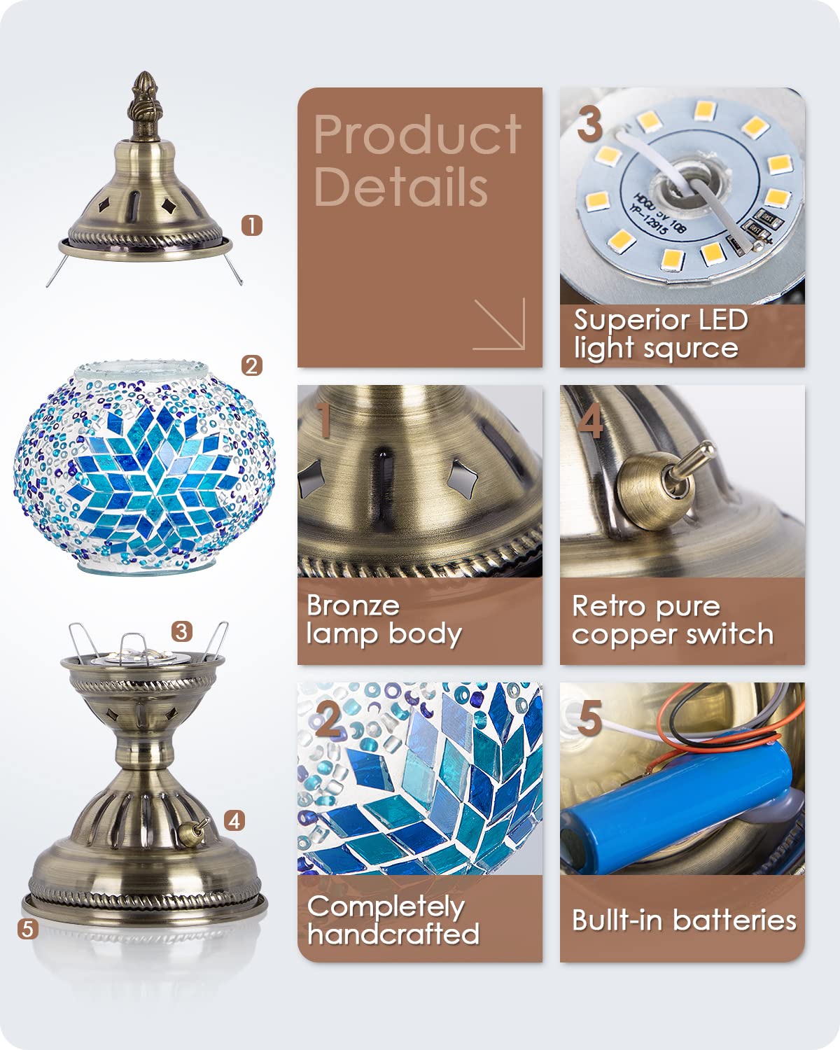 Yarra-Decor Turkish Moroccan Lamp, Handmade Tiffany Mosaic Glass, Rechargeable Led, Blue2