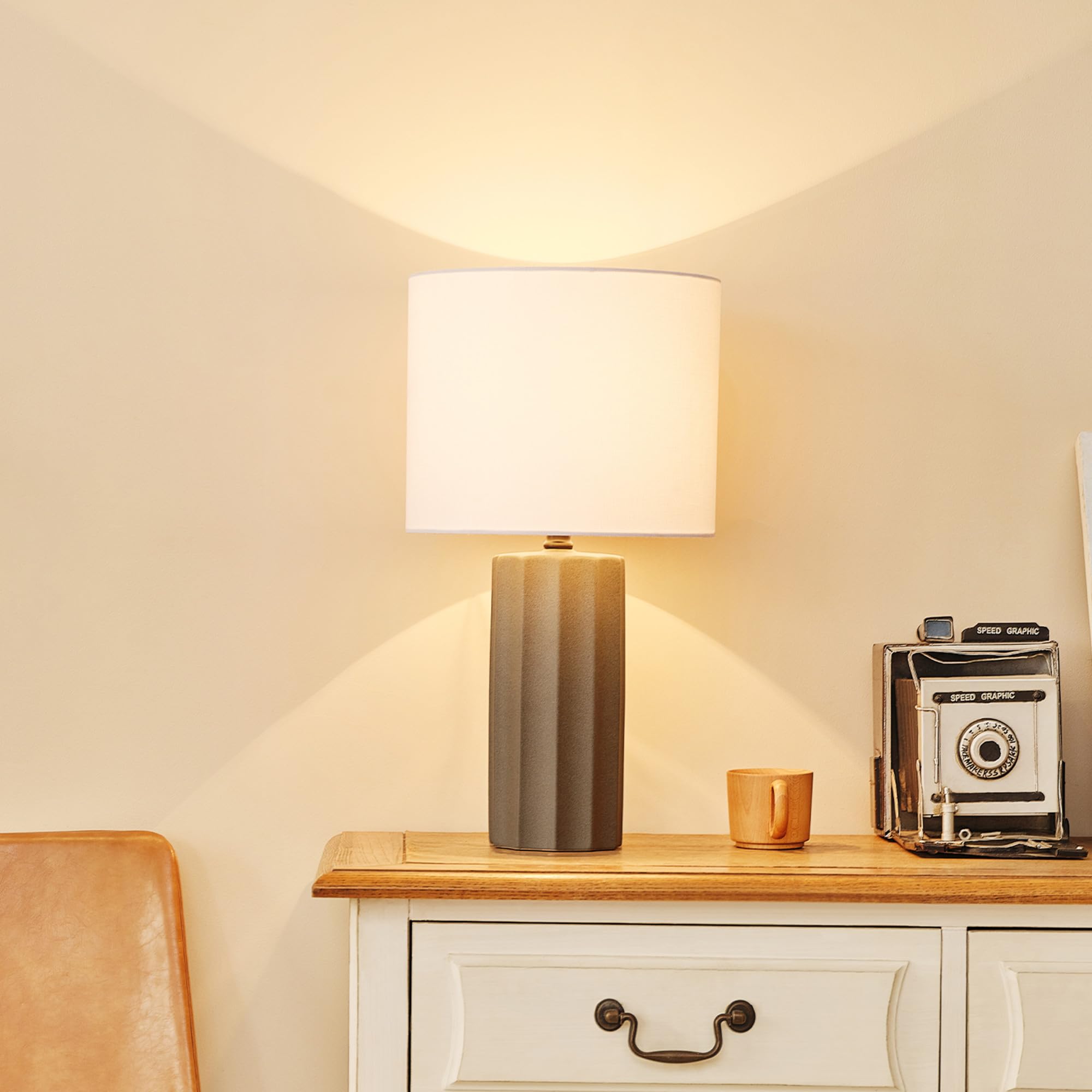 Globe Electric 61000061 20'' Ribbed Ceramic Table Lamp, Dark Gray Concrete Finish, White Linen Shade, On/Off Rotary Switch On So