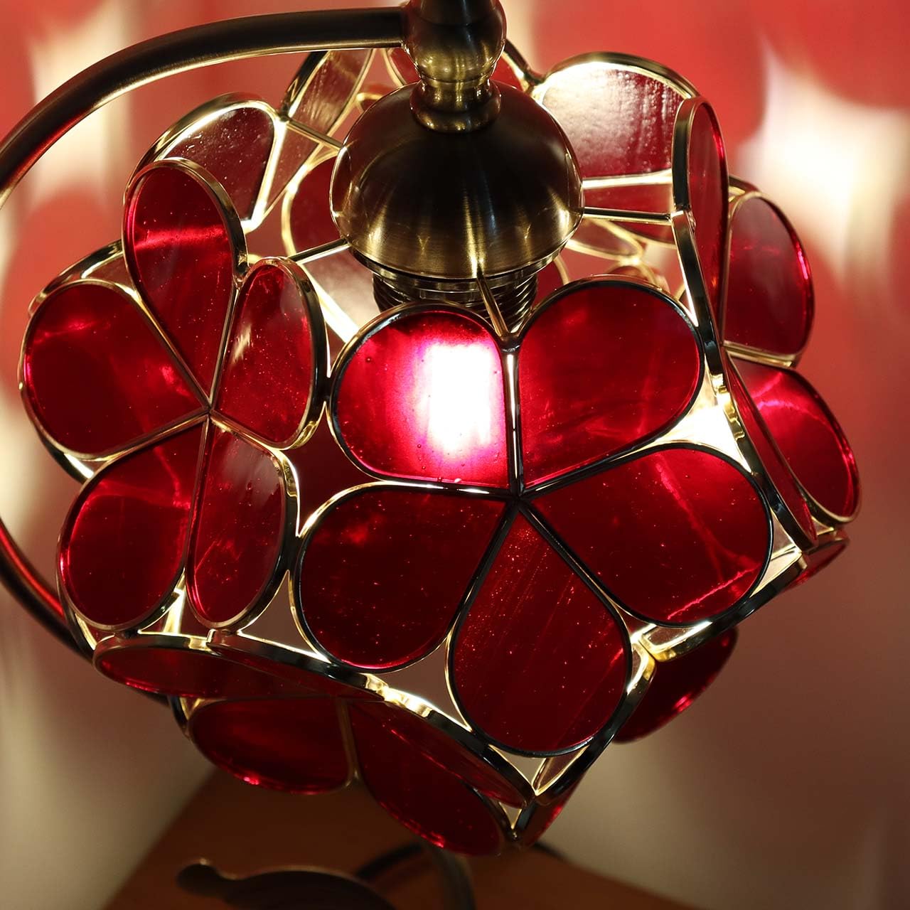 Bieye Tiffany Style Stained Glass Flower Petal Table Lamp, 8in Cherry Blossom, Red, Model PETALTABLE, Brass Base for Home Décor