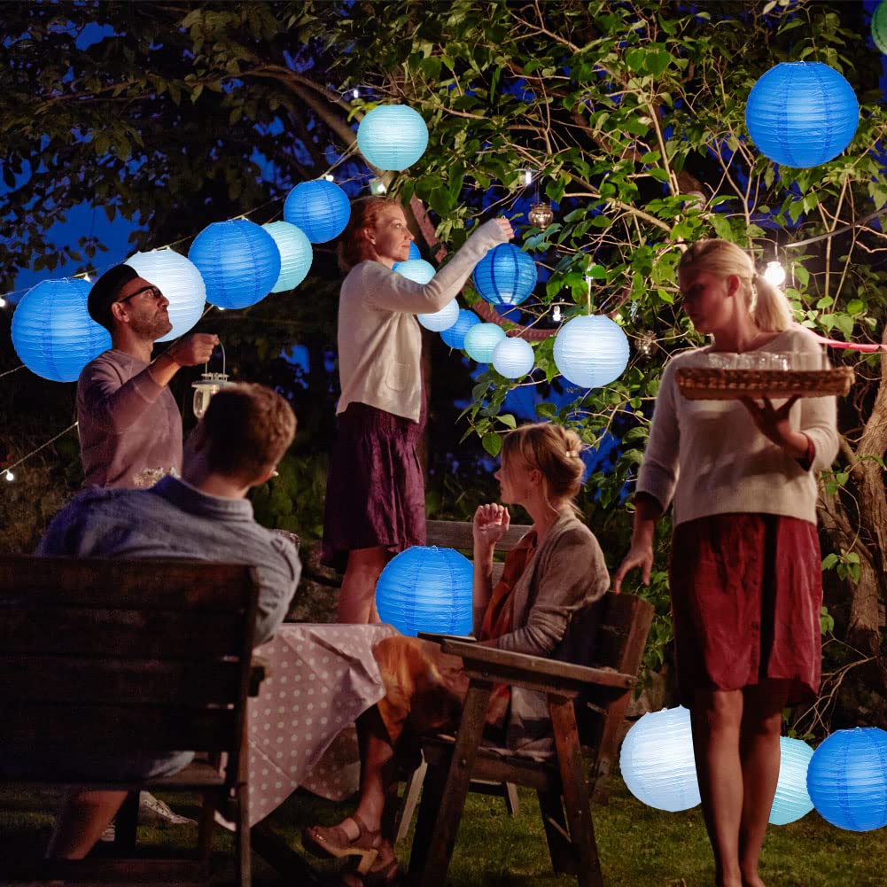 YUNXUAN Blue Paper Lanterns with LED Lights, 12 Pack, Round Chinese Design for Weddings and Parties, Model YX1034