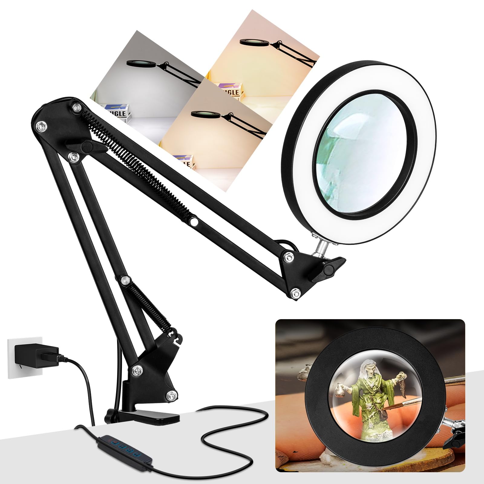 Kuvrs 10X Magnifying Glass With Light, 1,800 Lumen 3 Color Stepless Dimming, 4.2 Inch Real Glass Lens Led Lighted Magnifier, Adjustable Swing Arm With Clamp Desk Lamp For Craft Repair Crochet Puzzles