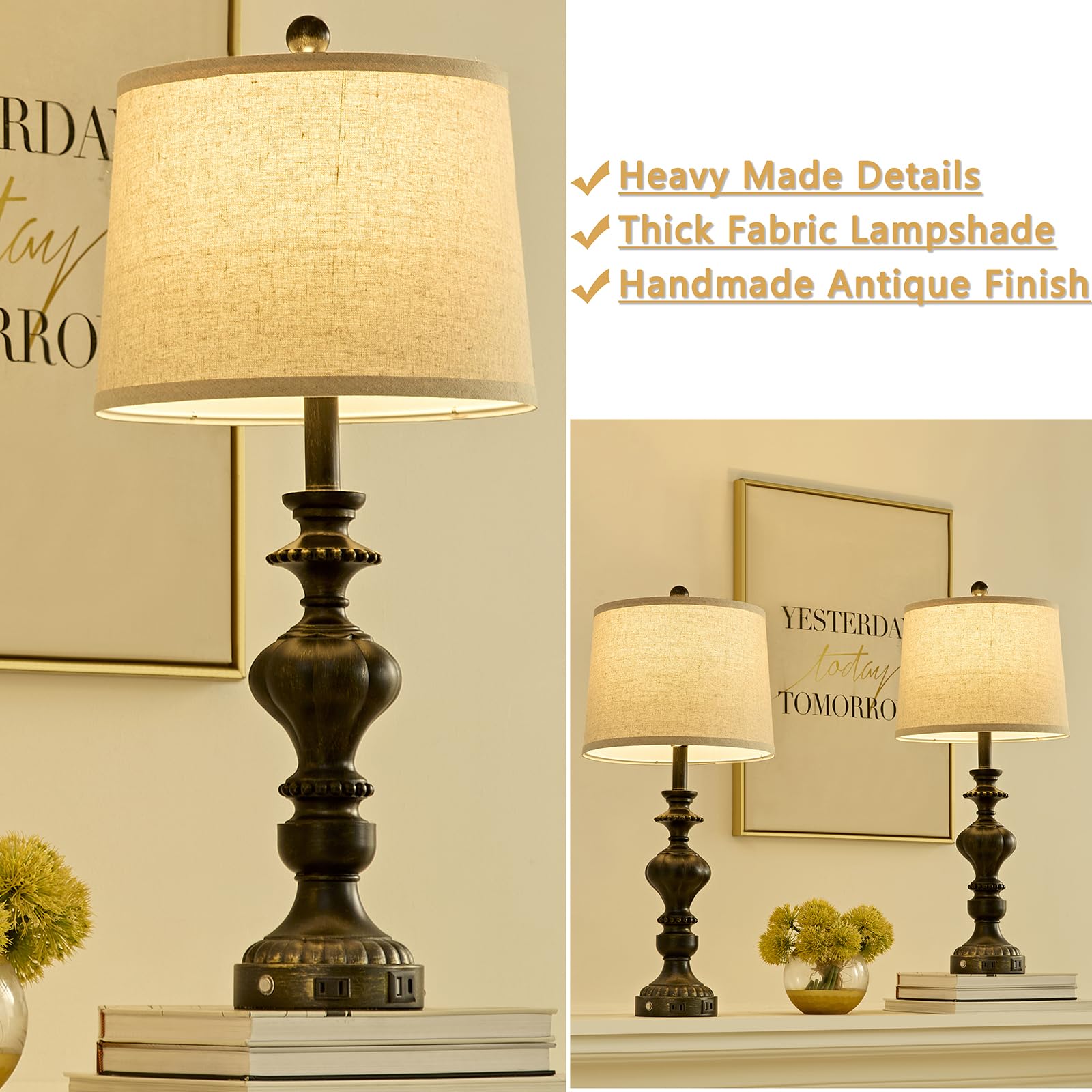 SAIWEYA 27.5in Farmhouse Table Lamps Set of 2, 3 Way Dimmable Touch, USB C+A Ports, AC Outlet, Black, Model TM-T03