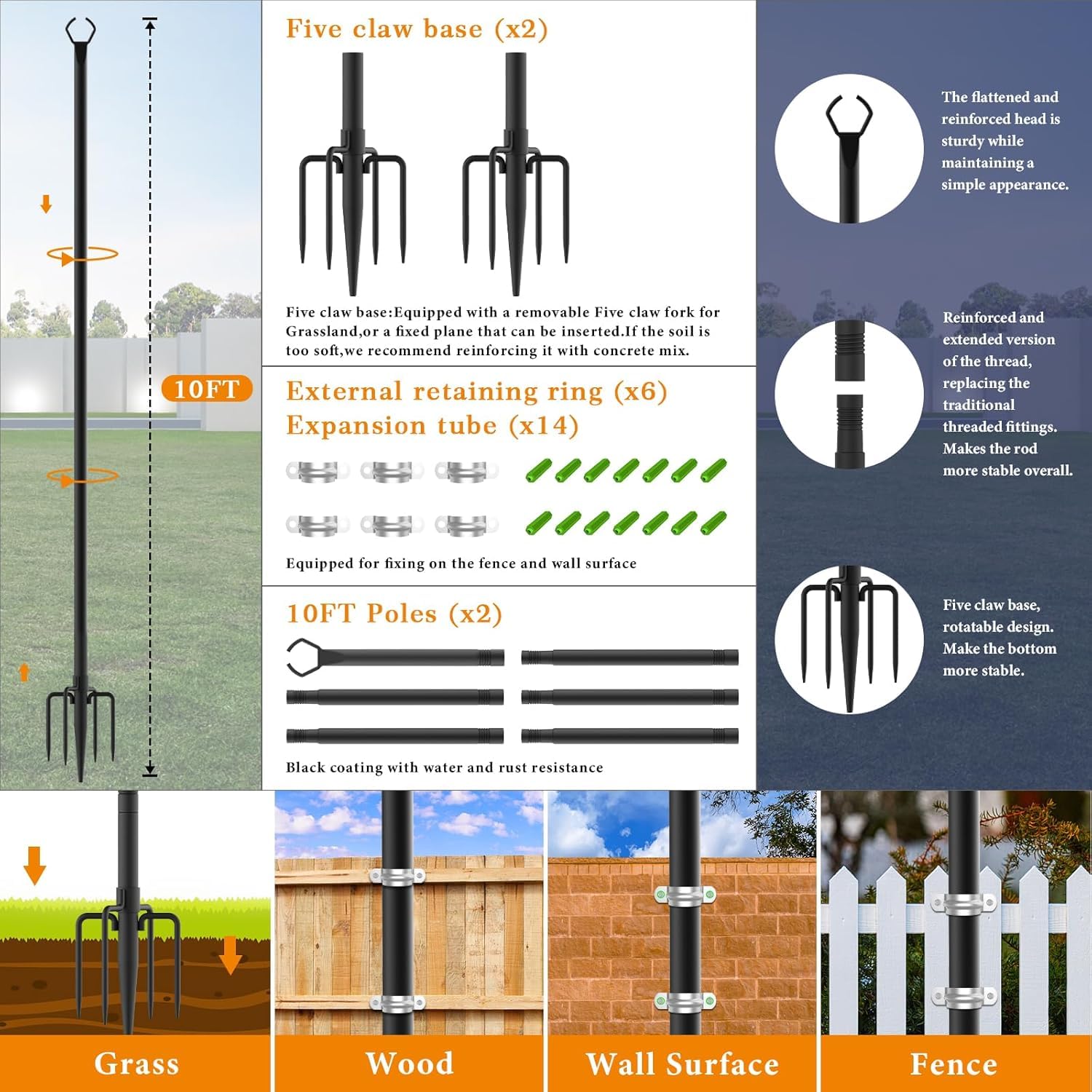Mutovlin 10 Pack String Light Poles, 10FT Outdoor Metal Lights Stand, Black