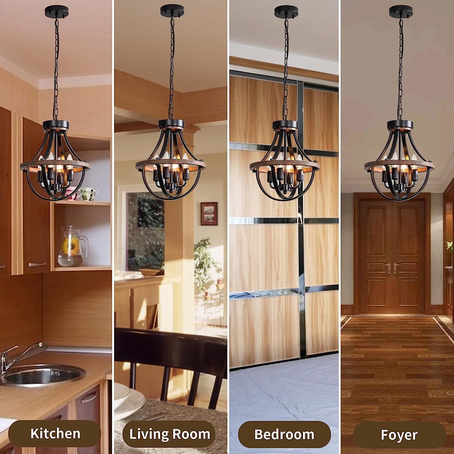 Lanpesting 4-Light Rustic Farmhouse Chandelier, Iron Pendant Lighting, Brown/Black, Model CH-A154-4 for Hallway, Dining Room, Kitchen