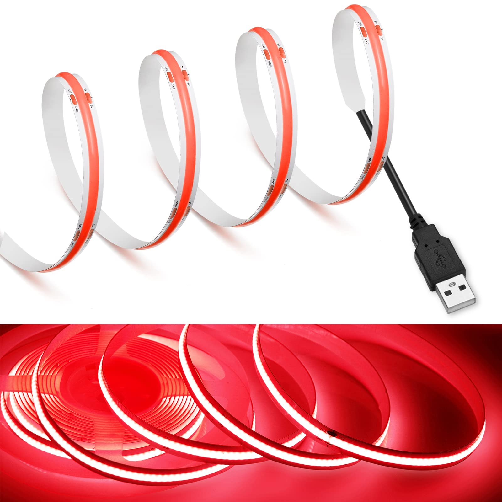 MDee COB LED Strip Lights, 6.56ft USB Powered, 5V, Flexible, 320 LEDs/m, CRI 90+, Red