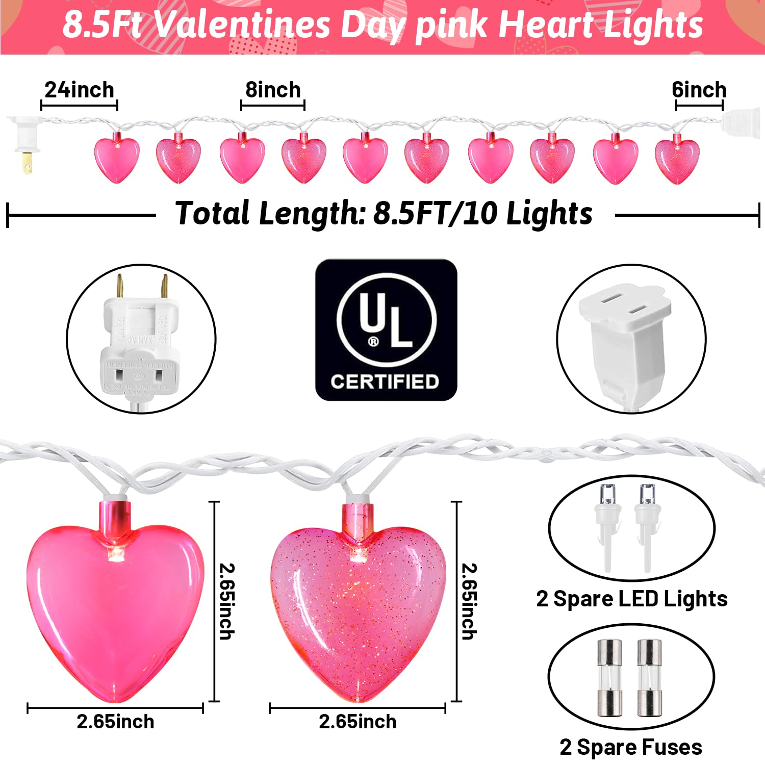 Valentine'S Day Decorations Lights, 8.5Ft Pink Heart String Lights With 10 Led Pink Heart Fairy Lights, Connectable Romantic Hea