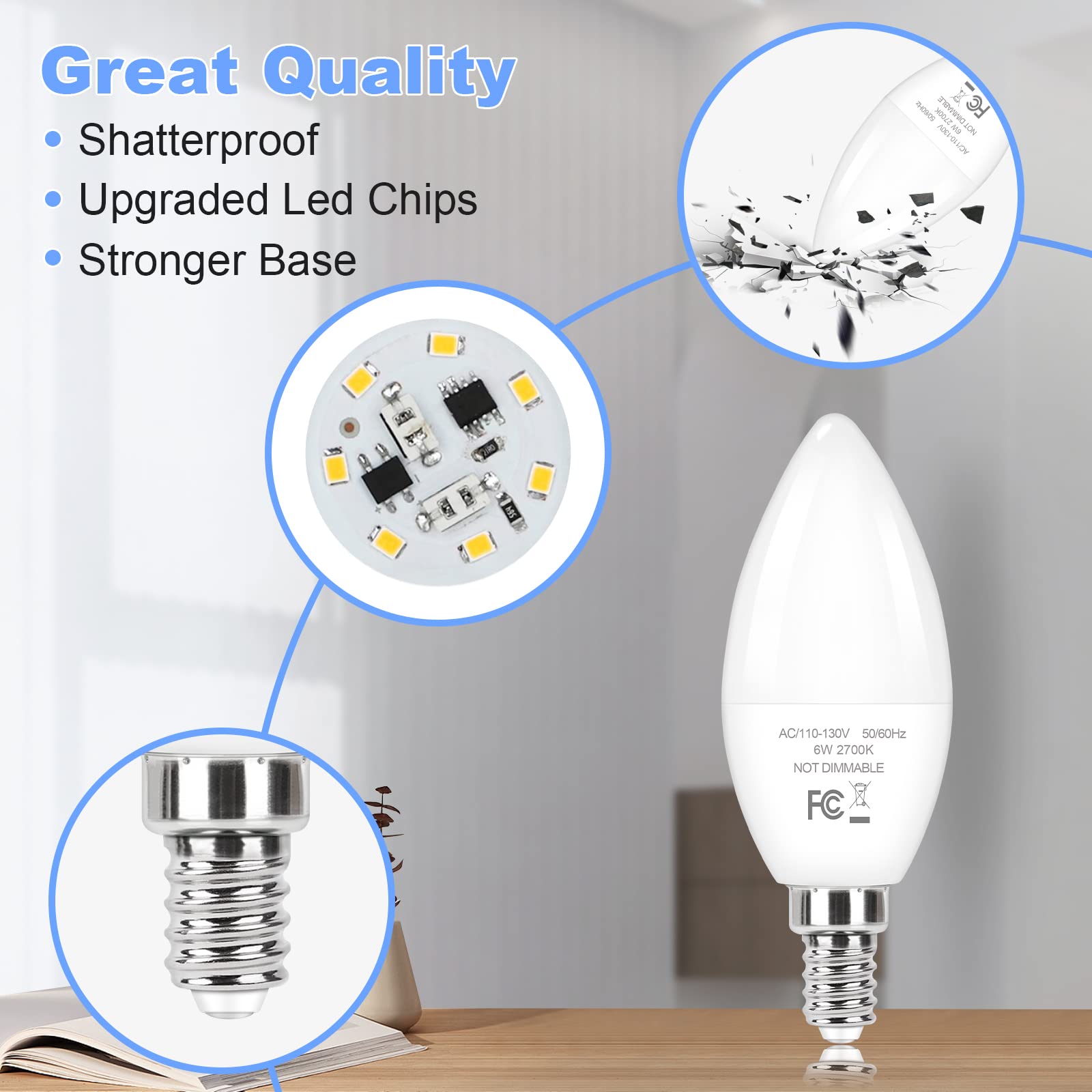 Odnora E12 Candelabra Led Light Bulbs 60W Equivalent, 5000K 6W 450 Lumens Chandelier Lighting Bulbs, Daylight White Led Ceiling